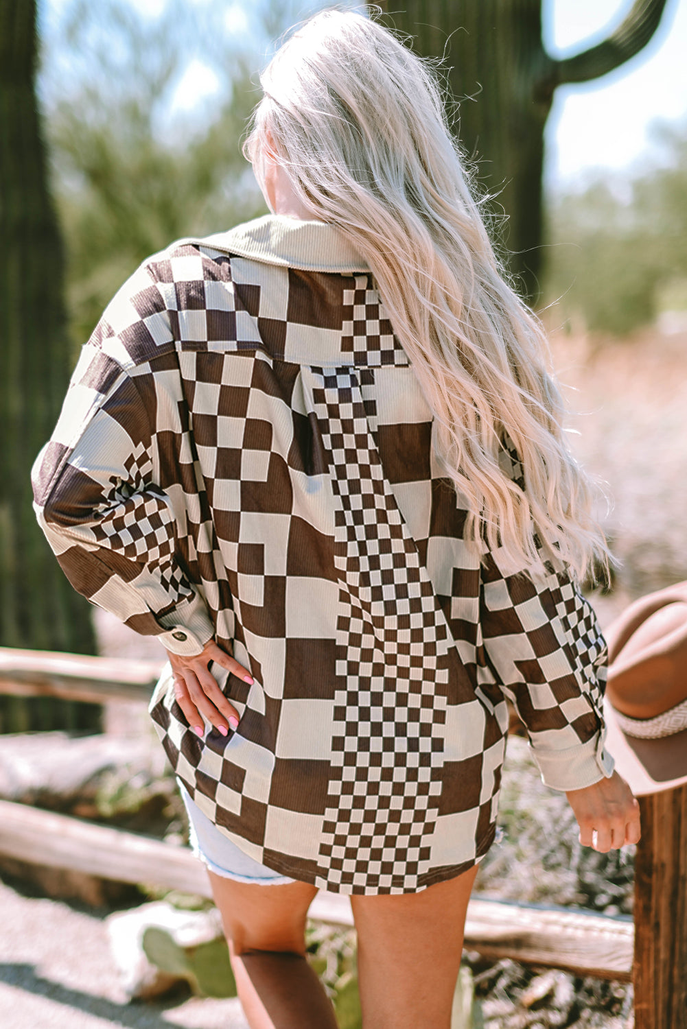 Brown Checkered Print Patchwork Corduroy Shacket-Outerwear/Jackets-[Adult]-[Female]-2022 Online Blue Zone Planet