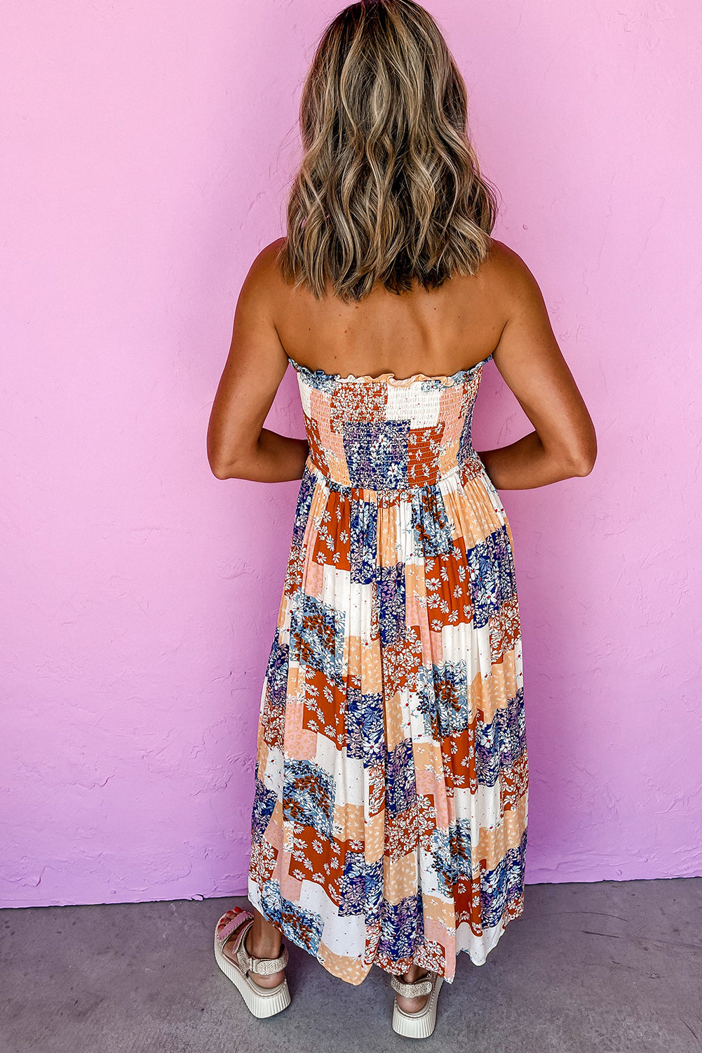 Orange Floral Patchwork Printed Frilled Bandeau Smocked High Waist Long Dress-Dresses/Floral Dresses-[Adult]-[Female]-2022 Online Blue Zone Planet