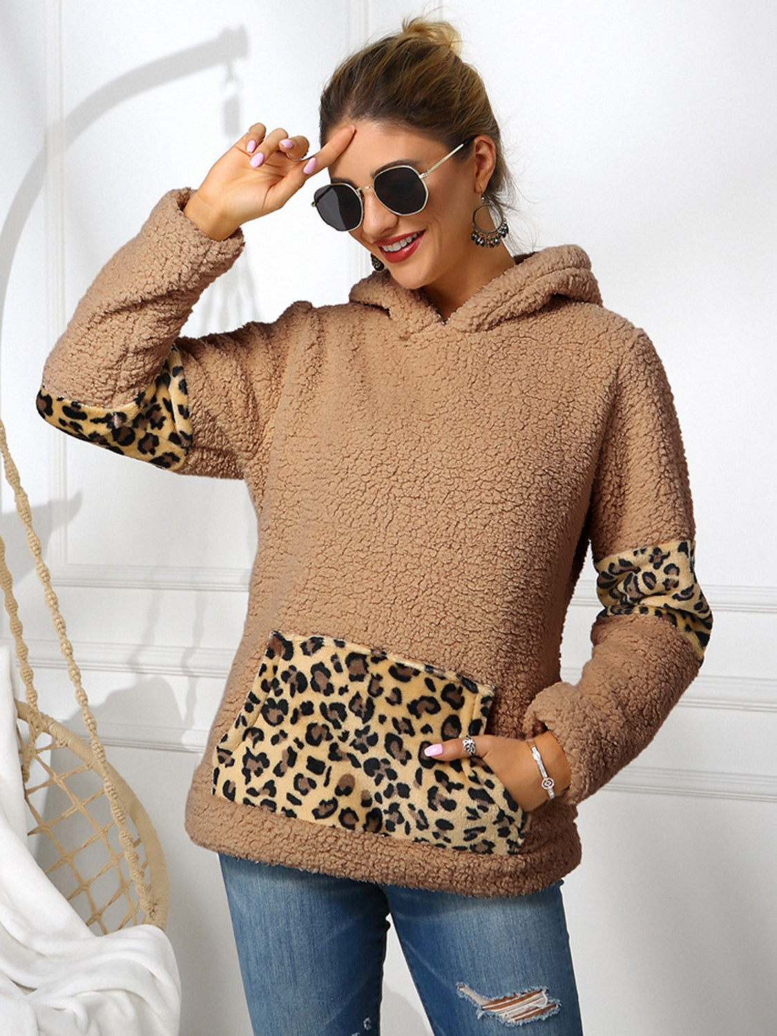 Blue Zone Planet | Ivy Lane Sherpa Leopard Long Sleeve Hoodie-TOPS / DRESSES-[Adult]-[Female]-2022 Online Blue Zone Planet