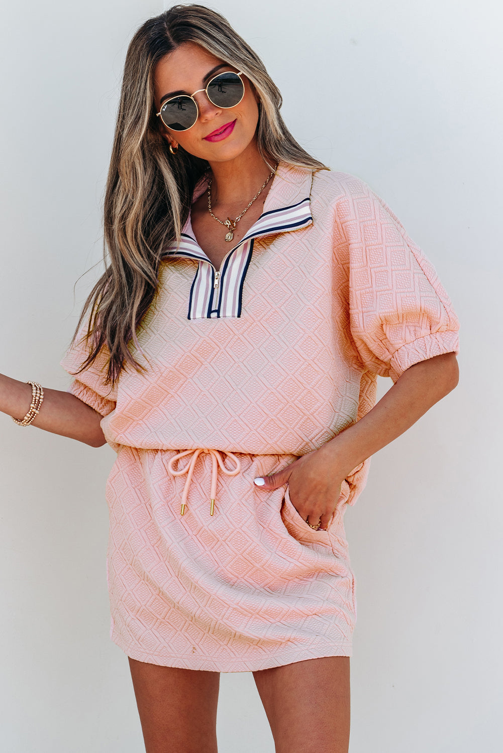 Light Pink Striped Collared Zip up Textured Skirt Set-Two Piece Sets/Two Piece Dresses-[Adult]-[Female]-2022 Online Blue Zone Planet