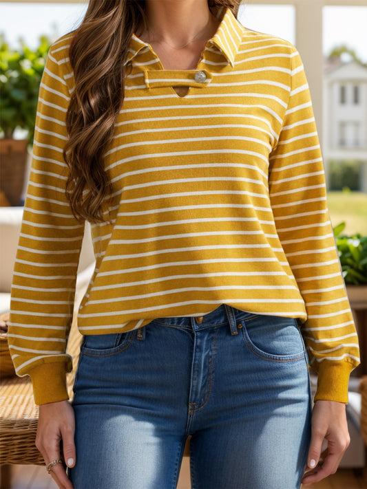 Striped Johnny Collar Long Sleeve T-Shirt-TOPS / DRESSES-[Adult]-[Female]-Yellow-S-2022 Online Blue Zone Planet