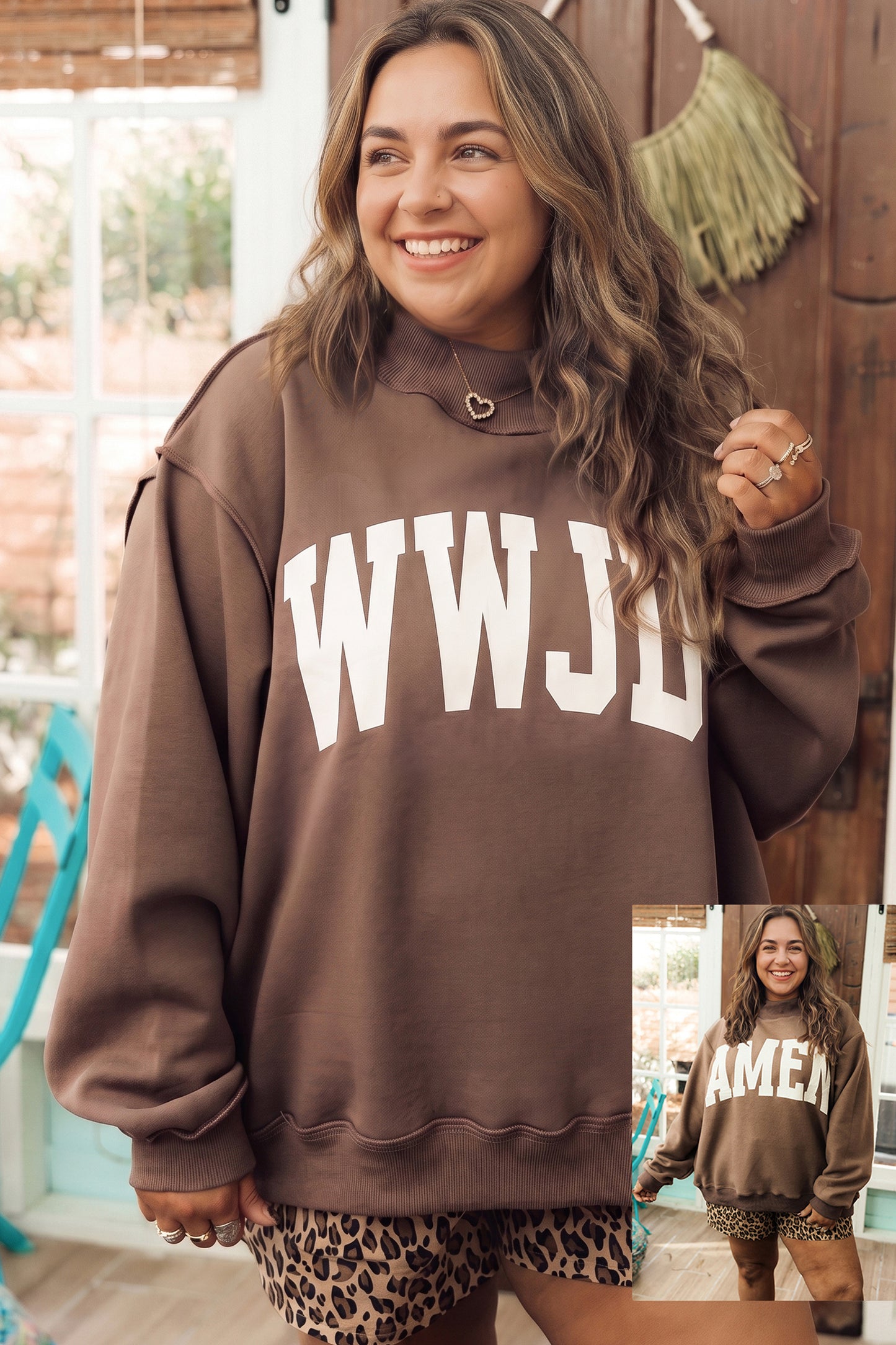 Coffee Letter Print Oversized Loose Fit Long Sleeve Plus Size Sweatshirt-Plus Size/Plus Size Sweatshirts & Hoodies-[Adult]-[Female]-Coffee-1X-2022 Online Blue Zone Planet