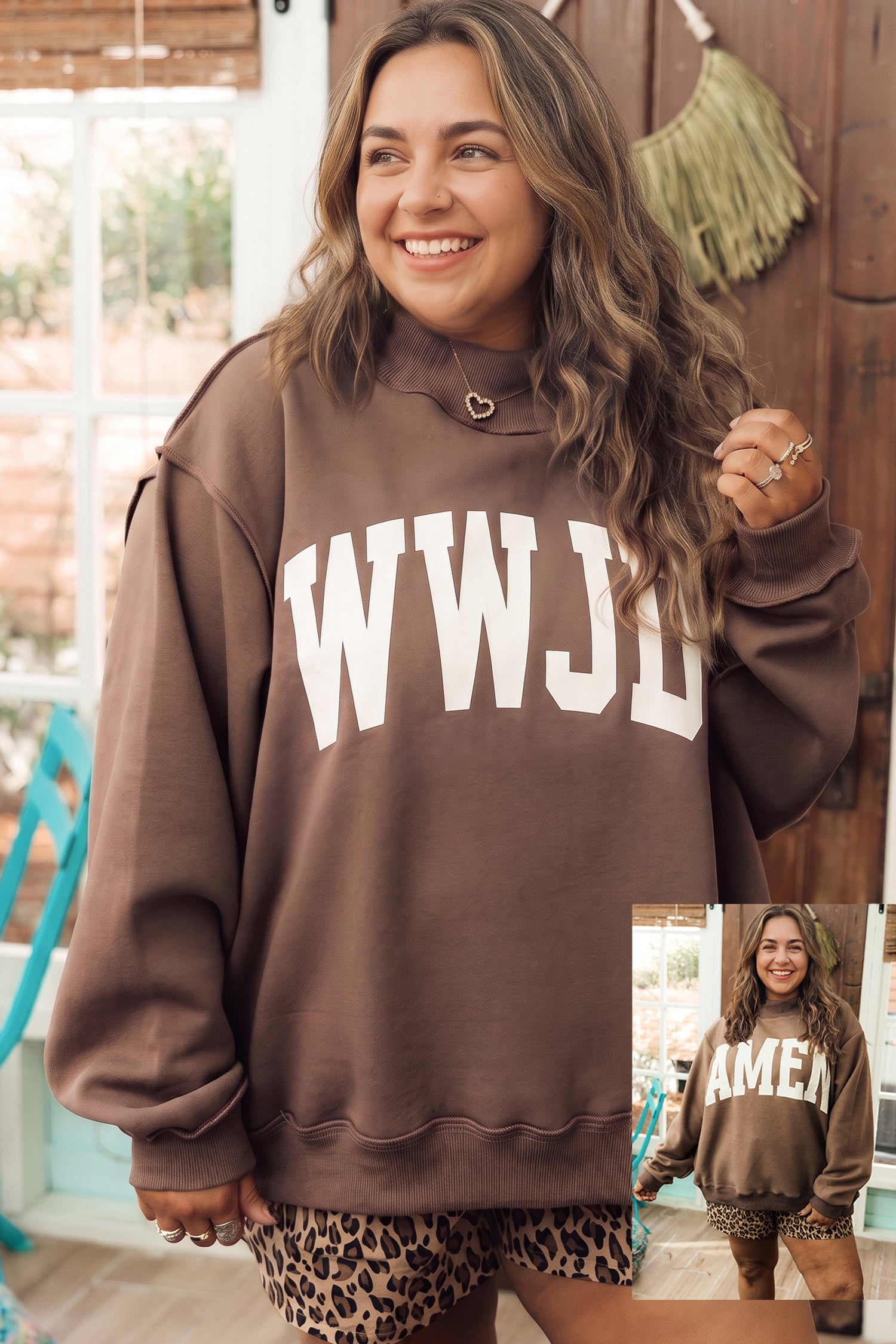 Coffee Letter Print Oversized Loose Fit Long Sleeve Plus Size Sweatshirt-Plus Size/Plus Size Sweatshirts & Hoodies-[Adult]-[Female]-Coffee-1X-2022 Online Blue Zone Planet