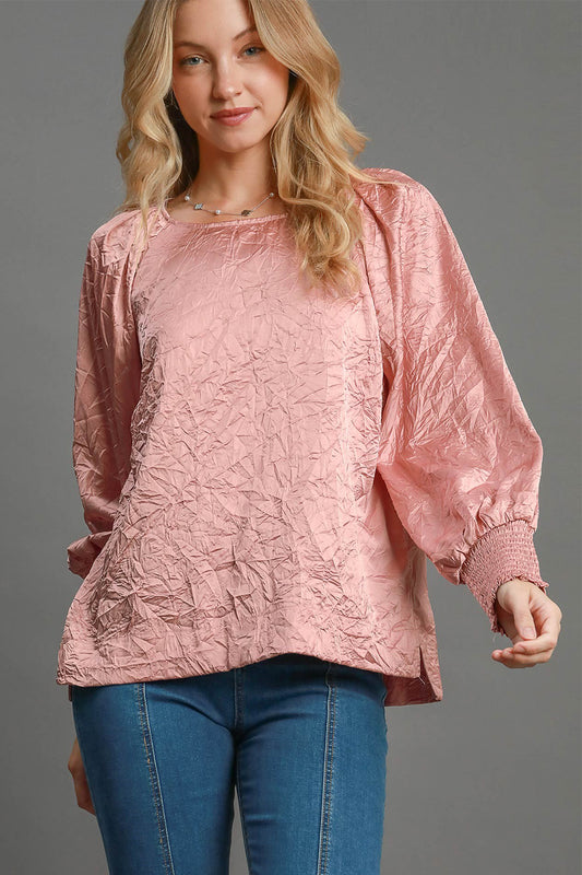 Umgee Wrinkled Round Neck Lantern Sleeve Blouse-TOPS / DRESSES-[Adult]-[Female]-Blush Pink-S-2022 Online Blue Zone Planet