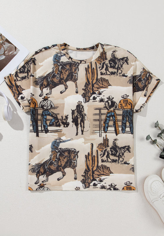 Cowboy Print Round Neck Short Sleeve T Shirt-TOPS / DRESSES-[Adult]-[Female]-2022 Online Blue Zone Planet