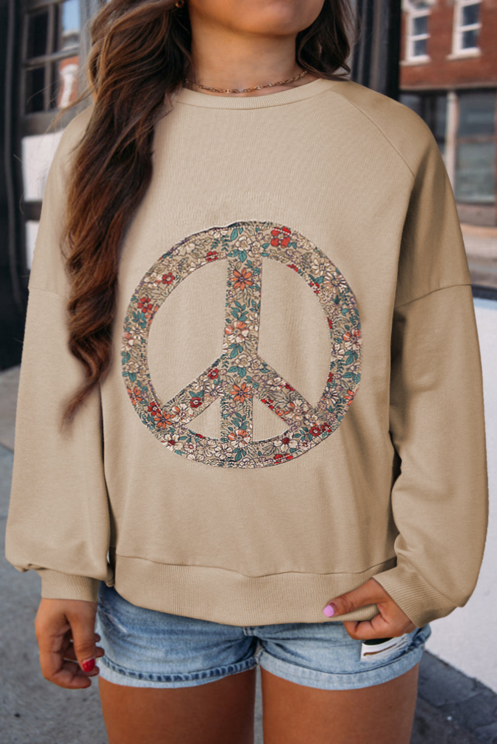 Blue Zone Planet | Pale Khaki Floral Peace Sign Graphic Washed Terry Plus Size Sweatshirt-TOPS / DRESSES-[Adult]-[Female]-2022 Online Blue Zone Planet