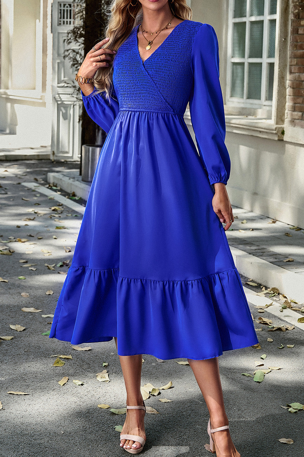 Smocked Surplice Long Sleeve Midi Dress-TOPS / DRESSES-[Adult]-[Female]-2022 Online Blue Zone Planet