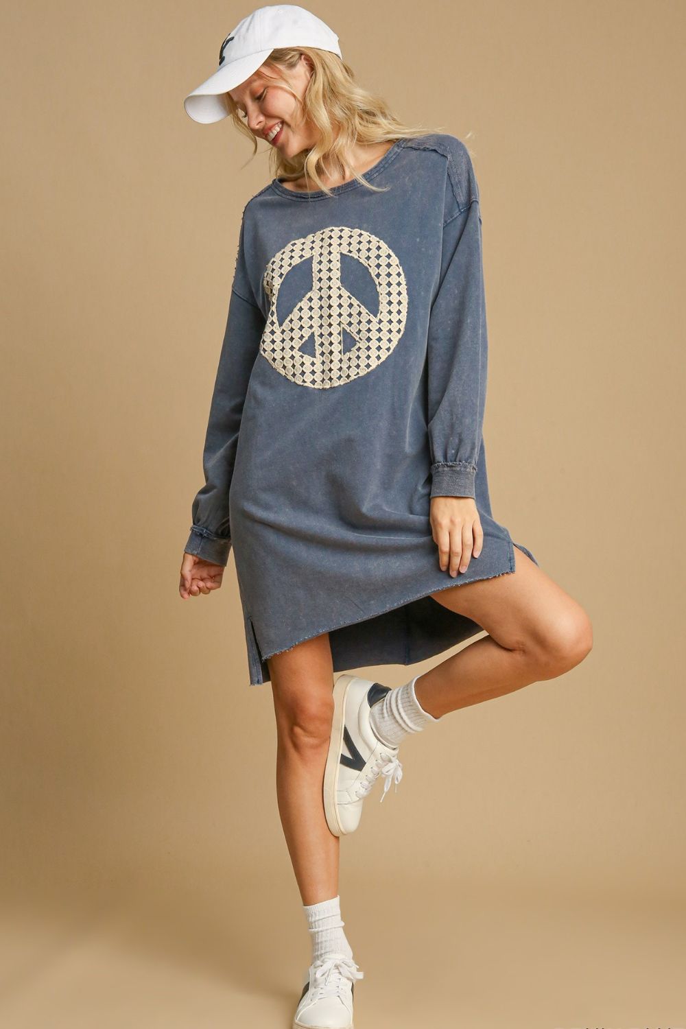 Umgee Peace Lace Applique Frayed Hem French Terry Mini Dress-TOPS / DRESSES-[Adult]-[Female]-2022 Online Blue Zone Planet