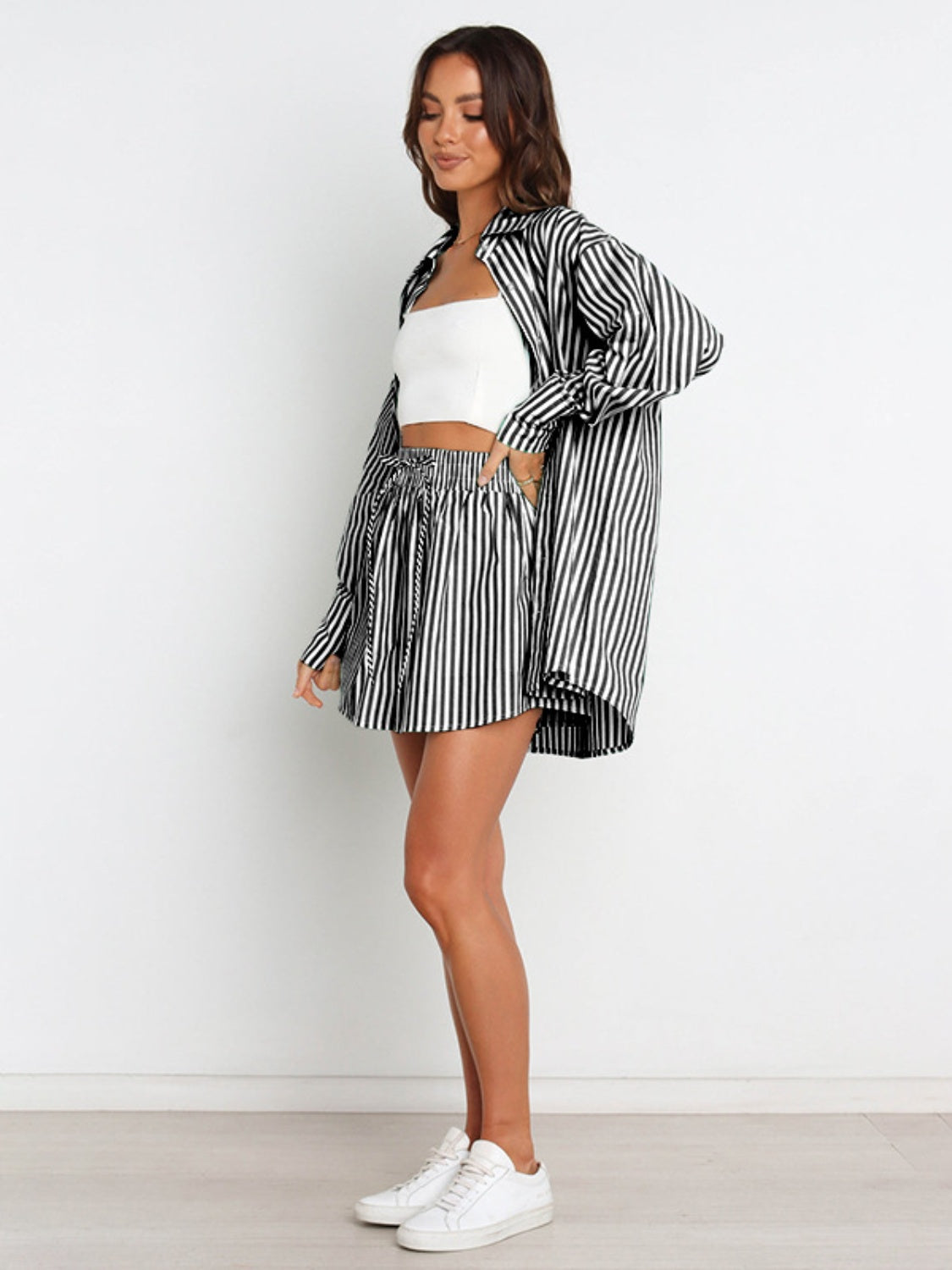 Blue Zone Planet | Striped Dropped Shoulder Shirt and Shorts Set-TOPS / DRESSES-[Adult]-[Female]-2022 Online Blue Zone Planet