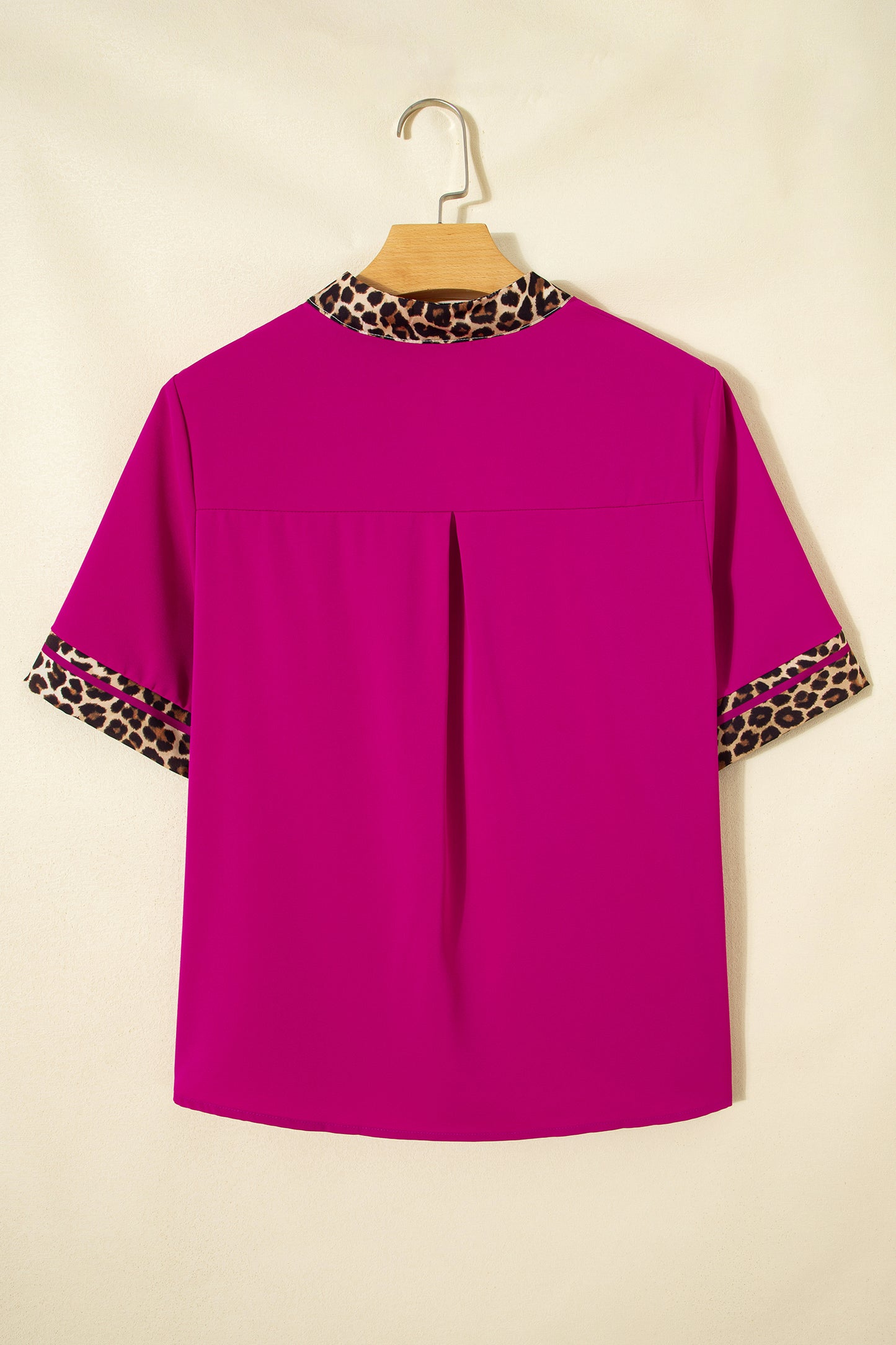Violet Leopard Patchwork Trim Split Neck Short Sleeve Blouse-Tops/Blouses & Shirts-[Adult]-[Female]-2022 Online Blue Zone Planet