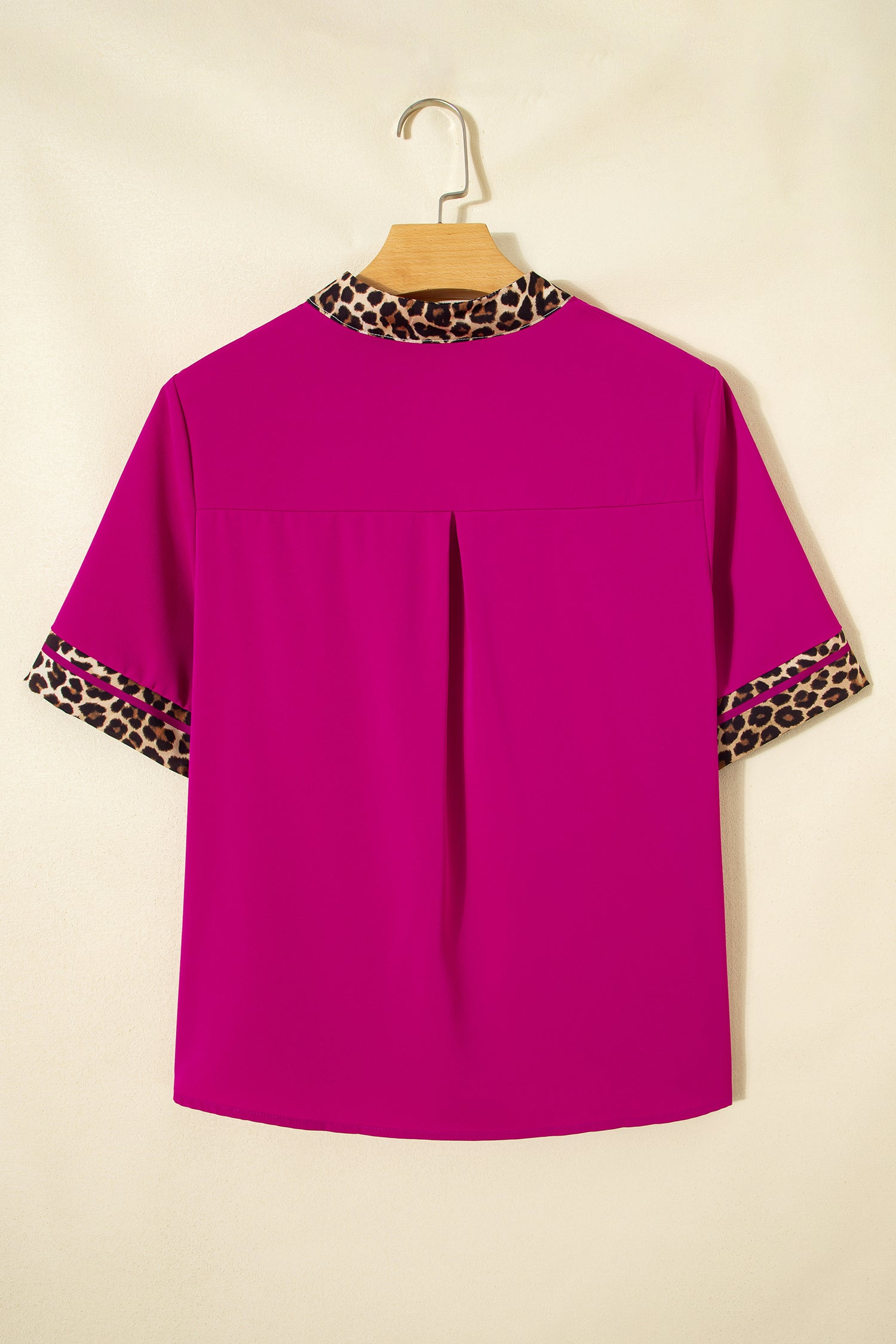 Violet Leopard Patchwork Trim Split Neck Short Sleeve Blouse-Tops/Blouses & Shirts-[Adult]-[Female]-2022 Online Blue Zone Planet