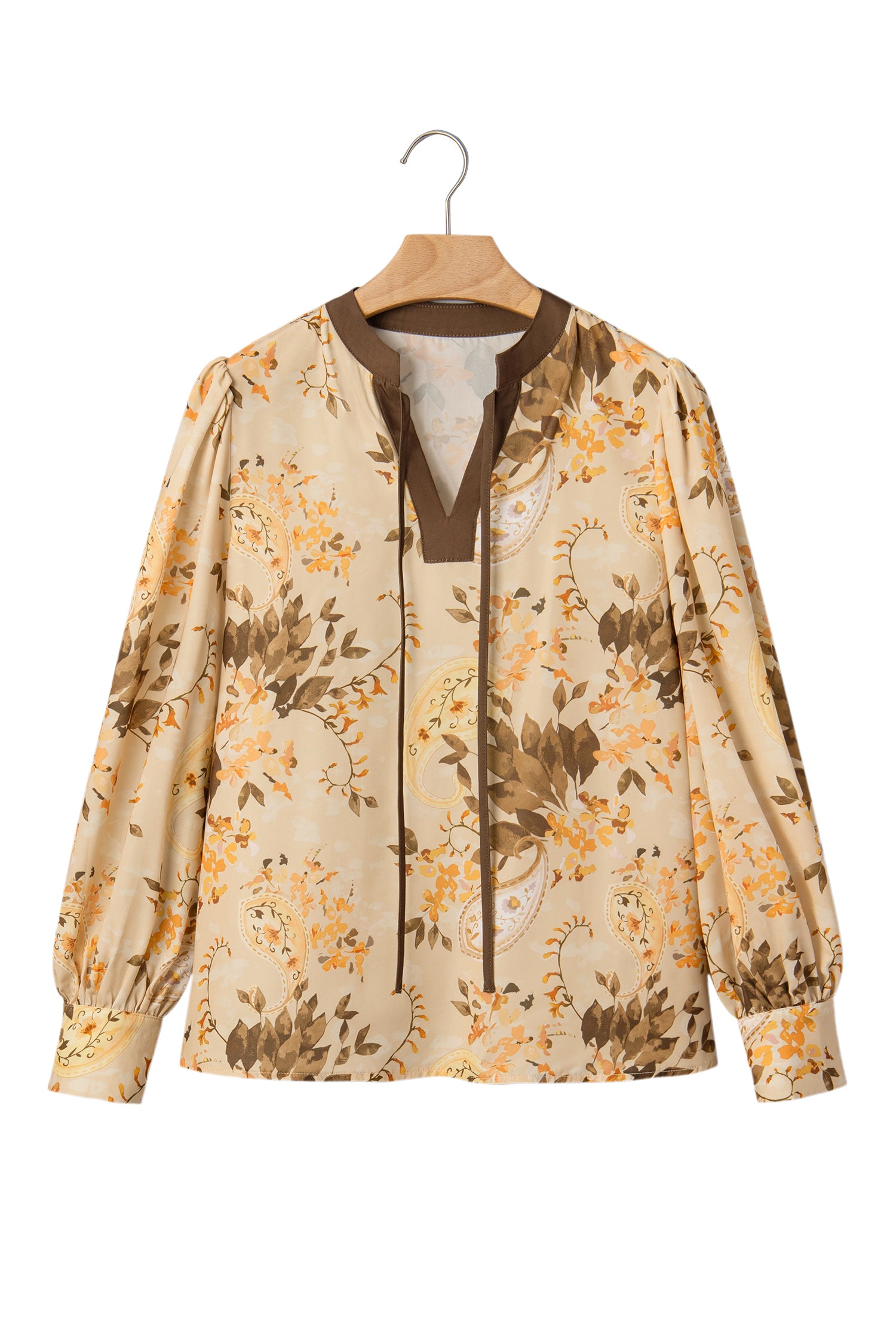 Khaki Paisley Print Tie Neck Long Sleeve Blouse-Tops/Blouses & Shirts-[Adult]-[Female]-2022 Online Blue Zone Planet