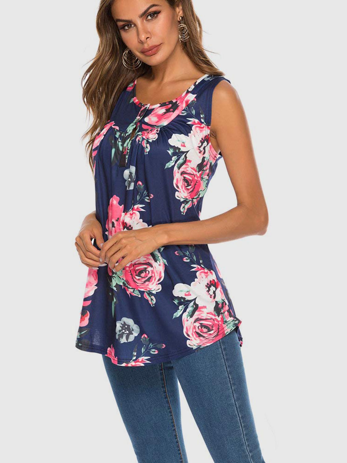 Flower Printed Round Neck Tank-TOPS / DRESSES-[Adult]-[Female]-2022 Online Blue Zone Planet