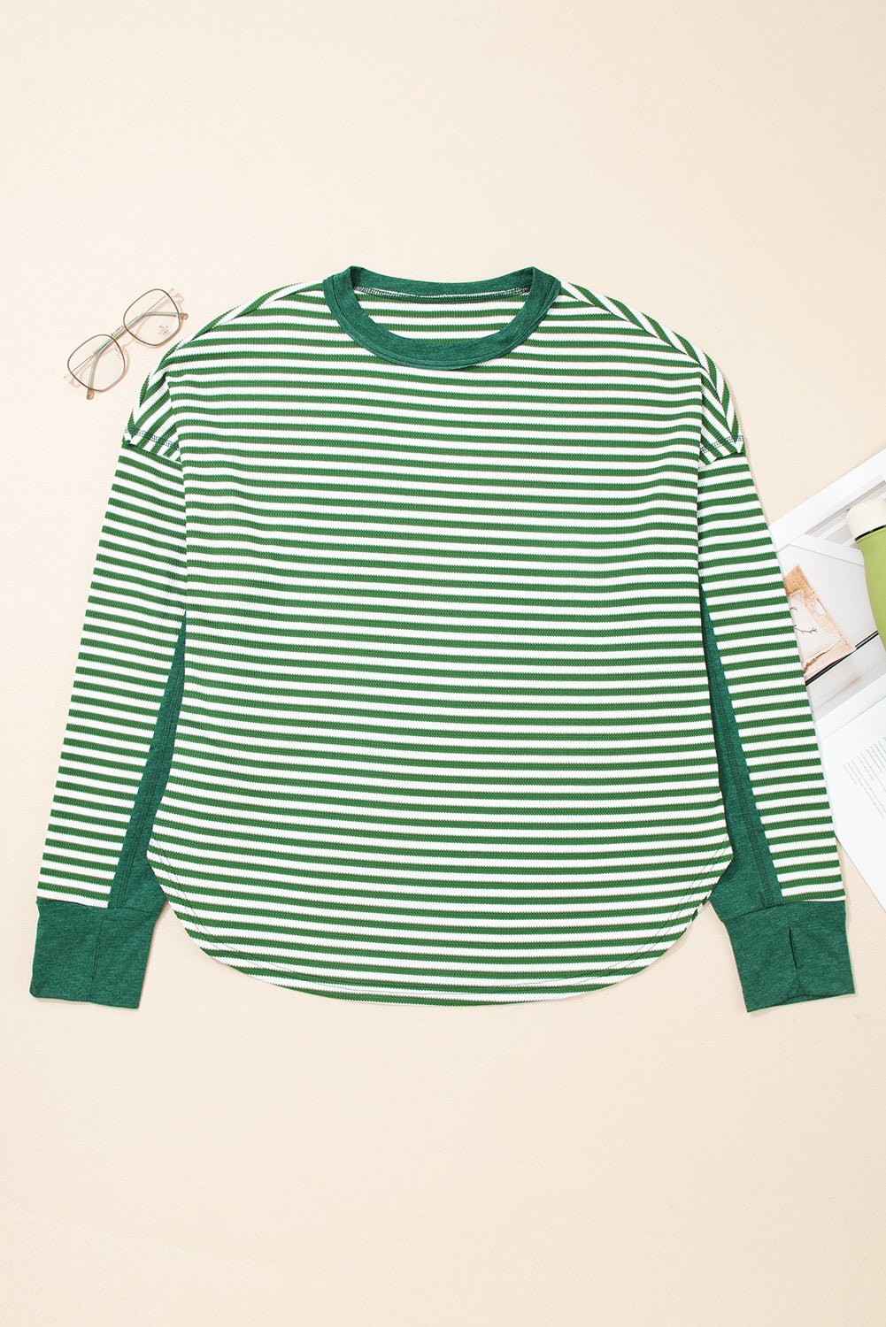Green Stripe Exposed Seam Patchwork Plus Size Thermal Top-Plus Size/Plus Size Tops/Plus Size Long Sleeve Tops-[Adult]-[Female]-2022 Online Blue Zone Planet