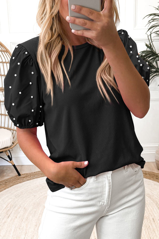 Black Ribbed Pearl Beaded Puff Sleeve Top-Tops/Blouses & Shirts-[Adult]-[Female]-Black-S-2022 Online Blue Zone Planet
