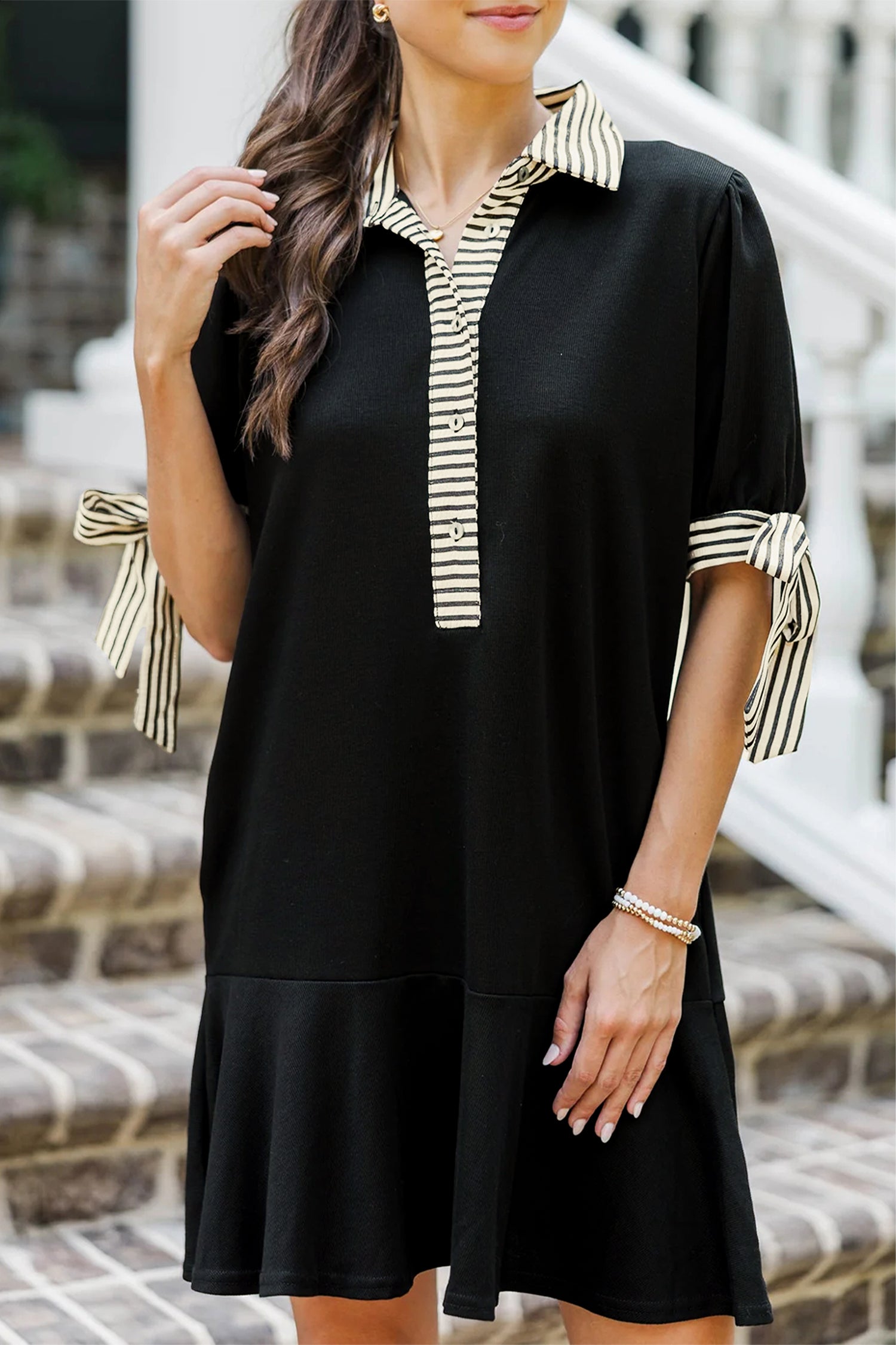 Black Stripe Detail Polo Collar Half Buttons Tied Short Sleeve Shift Mini Dress-Dresses/Mini Dresses-[Adult]-[Female]-Black-S-2022 Online Blue Zone Planet