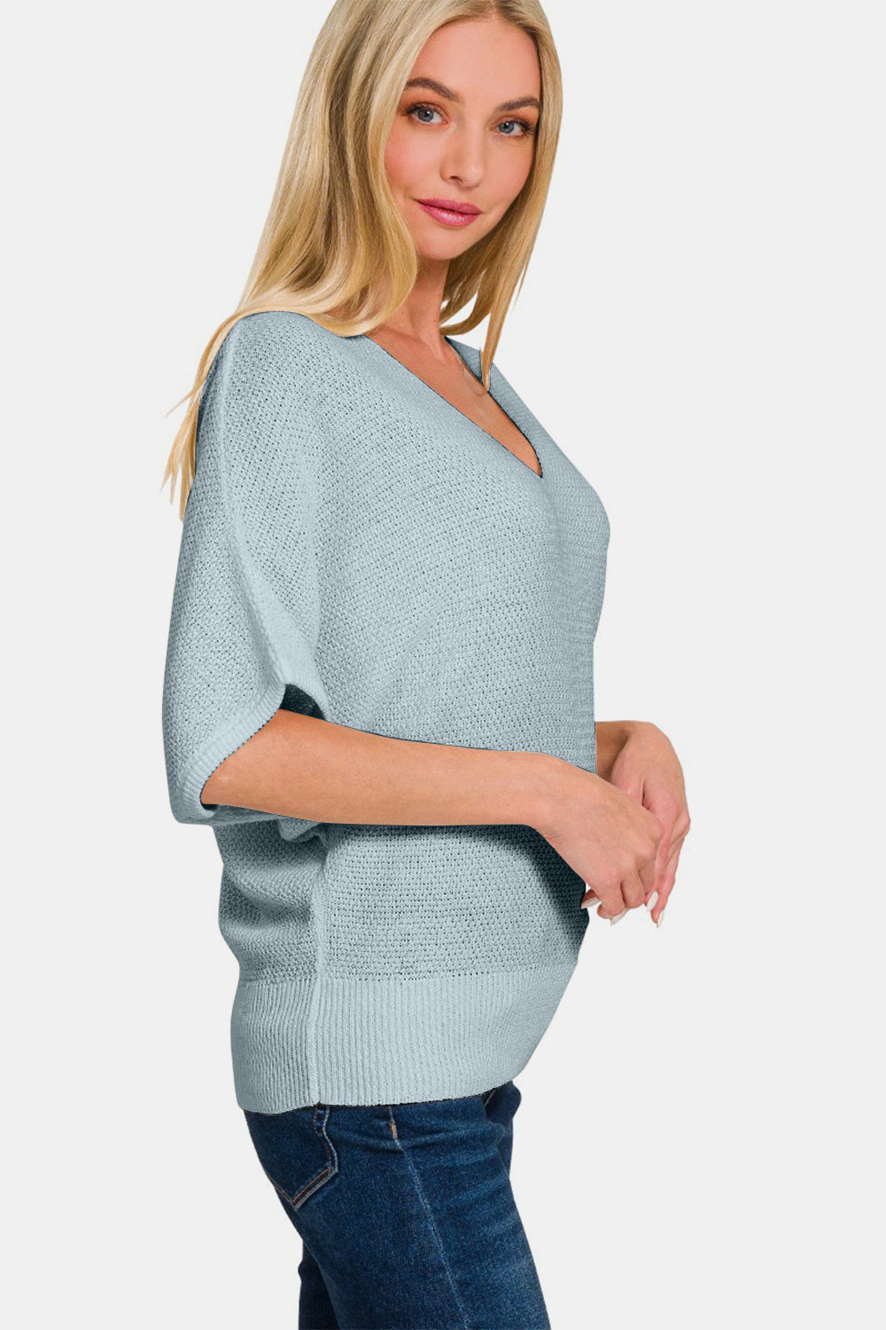 Zenana V-Neck Short Sleeve Dolman Sweater-TOPS / DRESSES-[Adult]-[Female]-2022 Online Blue Zone Planet