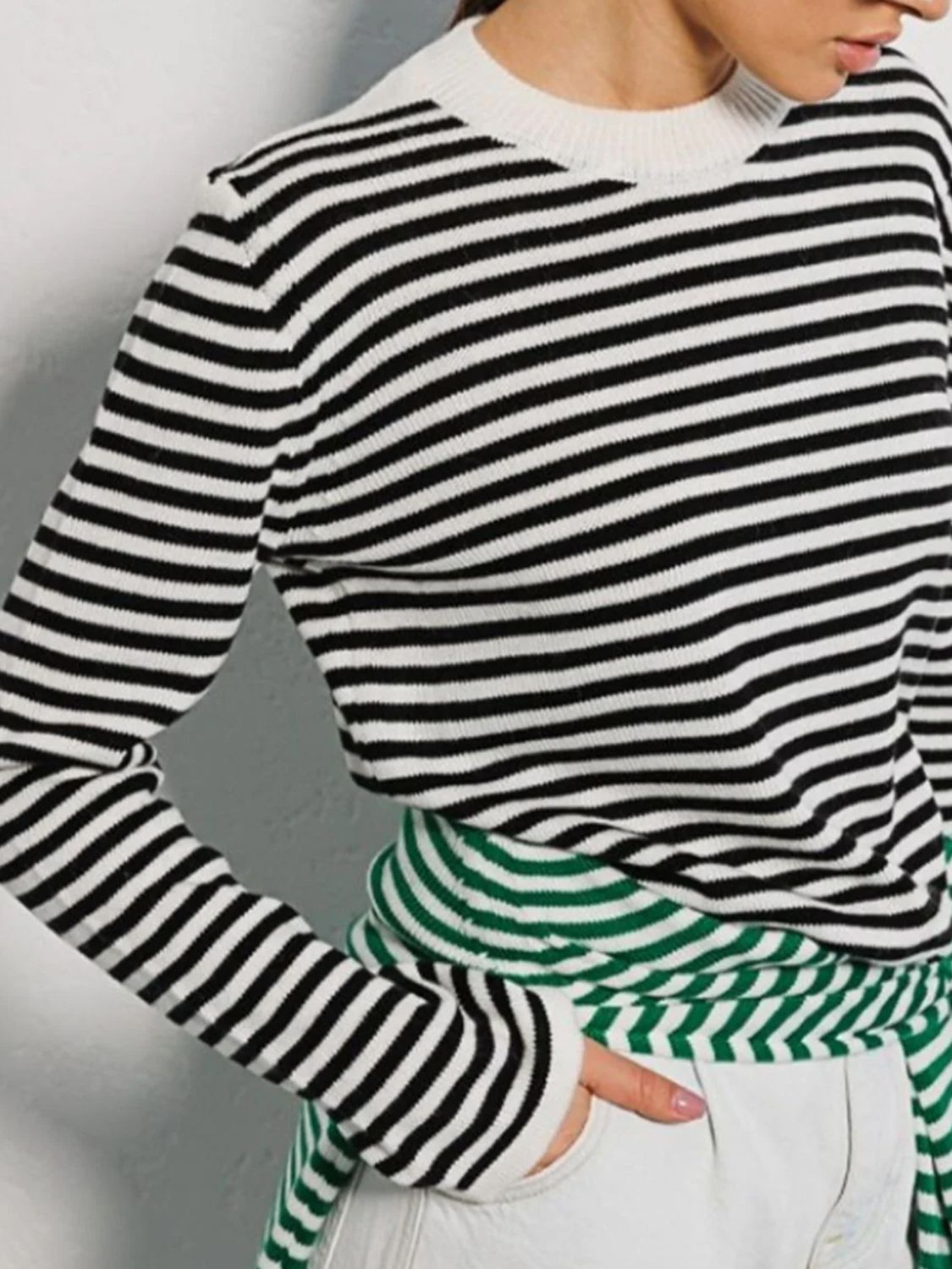 Striped Round Neck Long Sleeve Sweater-TOPS / DRESSES-[Adult]-[Female]-2022 Online Blue Zone Planet