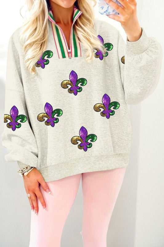 Light Grey Mardi Gras Sequined Pattern Contrast Zipped Collar Pullover Sweatshirt-Graphic Sweatshirts-[Adult]-[Female]-Light Grey-L-2022 Online Blue Zone Planet