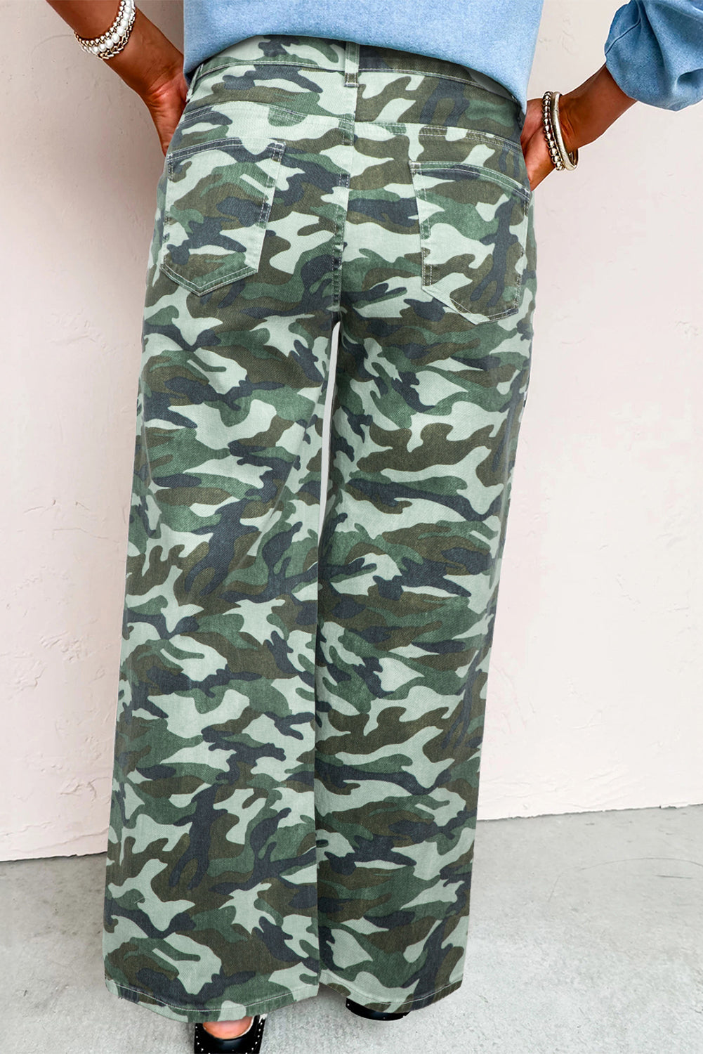 Green Camouflage Print Wide Leg Drawstring Denim Pants-Bottoms/Jeans-[Adult]-[Female]-2022 Online Blue Zone Planet