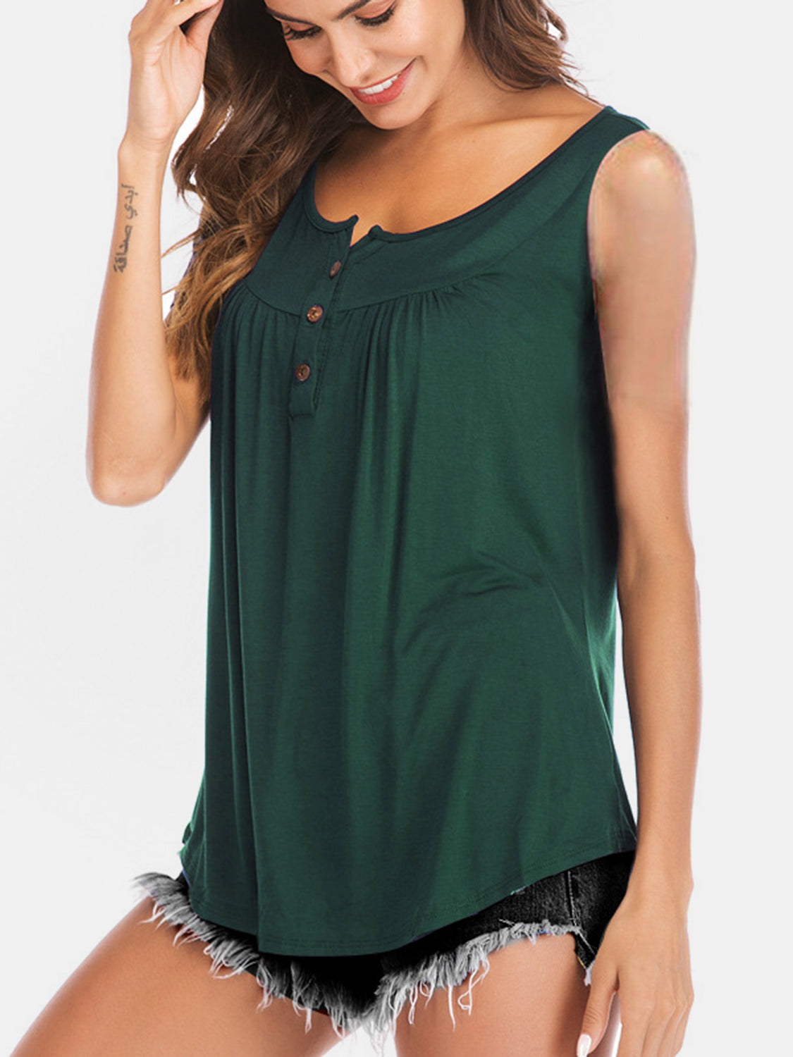 Blue Zone Planet | Curved Hem Ruched Notched Tank-TOPS / DRESSES-[Adult]-[Female]-Dark Green-S-2022 Online Blue Zone Planet