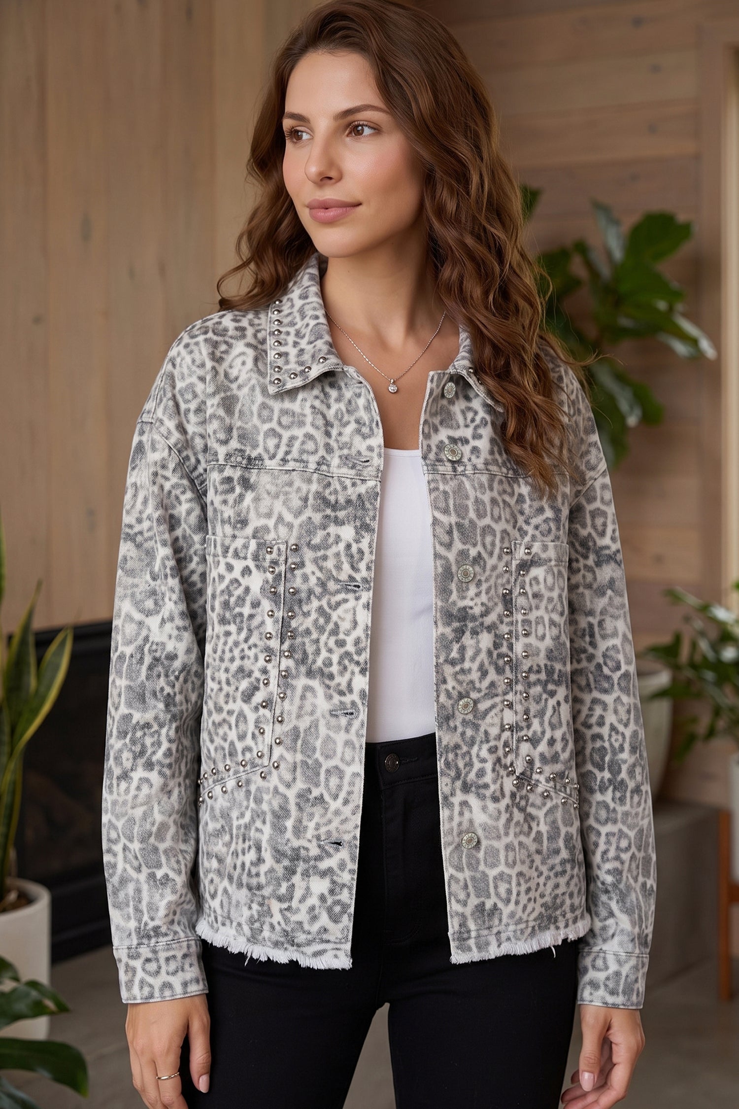 Khaki Leopard Print Studded Collar Studded Patch Pocket Denim Jacket-Outerwear/Denim jackets-[Adult]-[Female]-2022 Online Blue Zone Planet