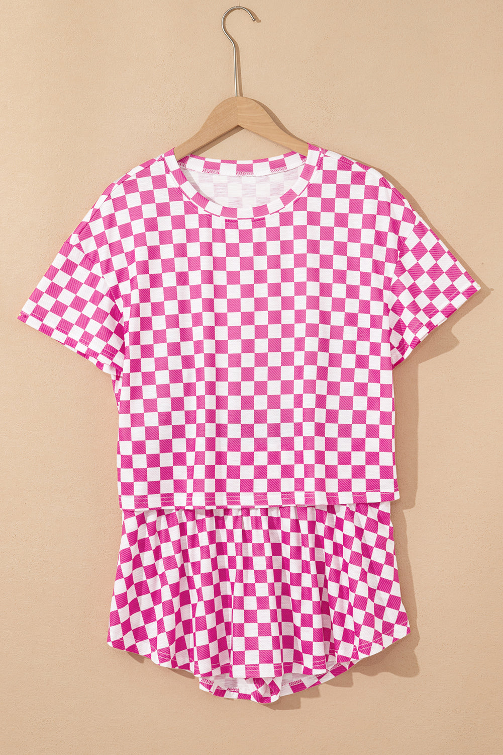 Pink Checkerboard T Shirt And High Waist Skorts 2 Piece Outfit-Two Piece Sets/Short Sets-[Adult]-[Female]-2022 Online Blue Zone Planet