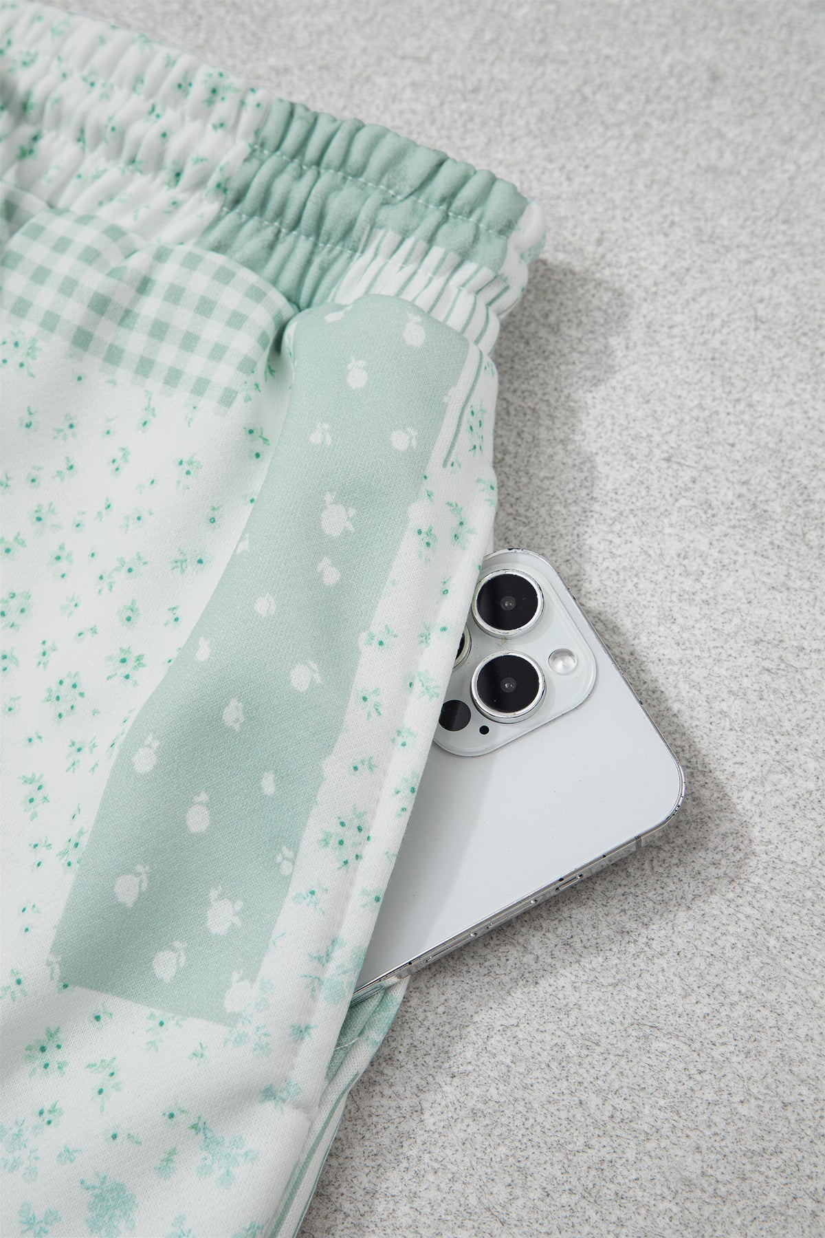 Green Patchwork Floral Print Drop Shoulder Baggy Pullover Drawstring Shorts Set-Two Piece Sets/Short Sets-[Adult]-[Female]-2022 Online Blue Zone Planet