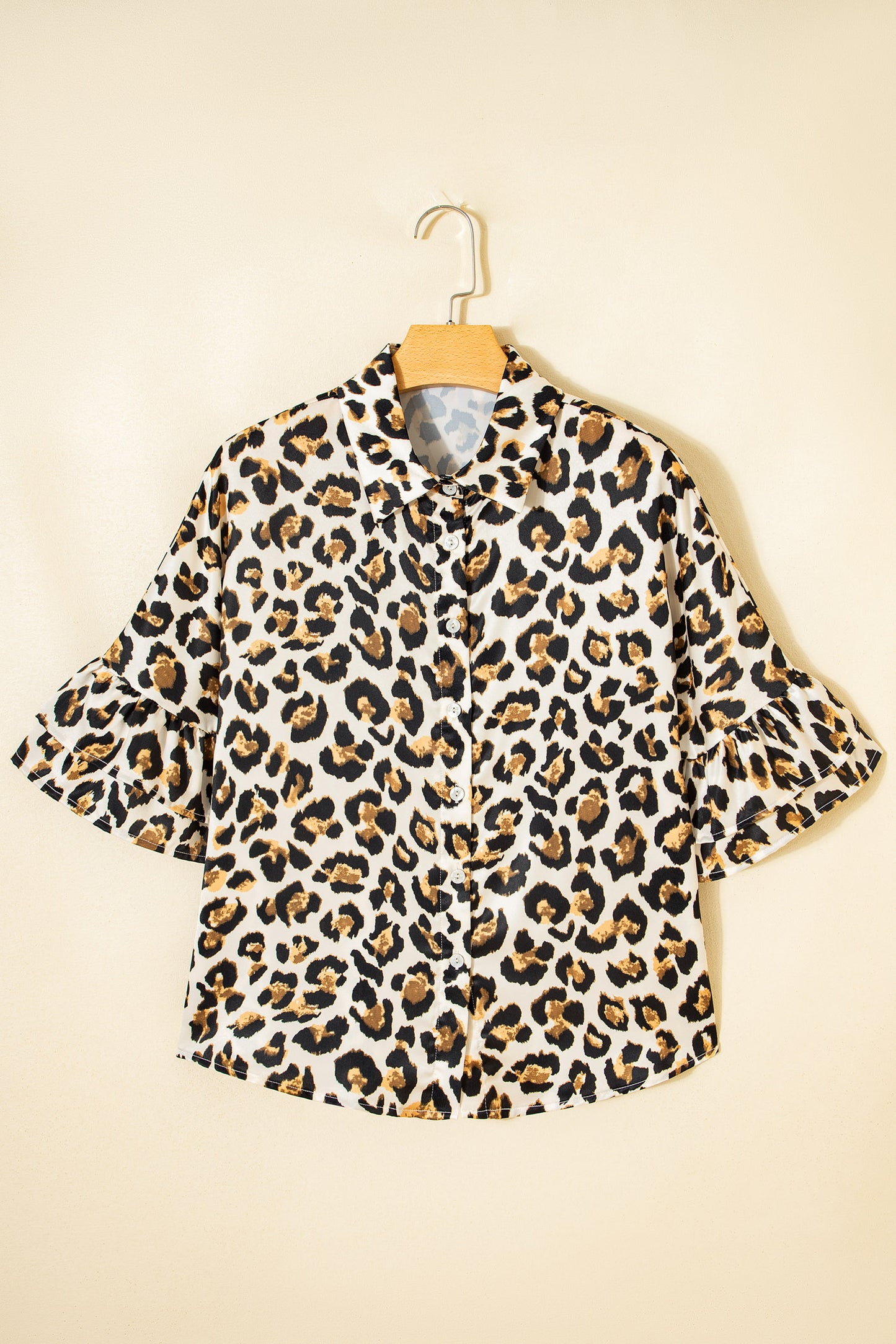 Khaki Leopard Print Ruffle Trim 3/4 Sleeve Loose Shirt-Tops/Blouses & Shirts-[Adult]-[Female]-2022 Online Blue Zone Planet