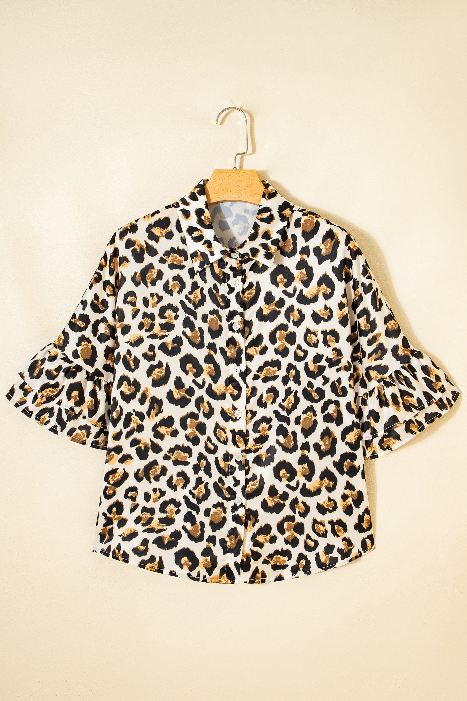 Khaki Leopard Print Ruffle Trim 3/4 Sleeve Loose Shirt-Tops/Blouses & Shirts-[Adult]-[Female]-2022 Online Blue Zone Planet