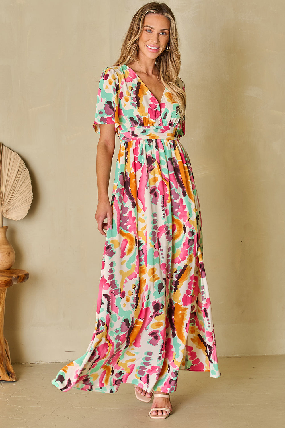 Blue Zone Planet | Pink Boho Tie-dye Print V Neck Maxi Dress-TOPS / DRESSES-[Adult]-[Female]-2022 Online Blue Zone Planet