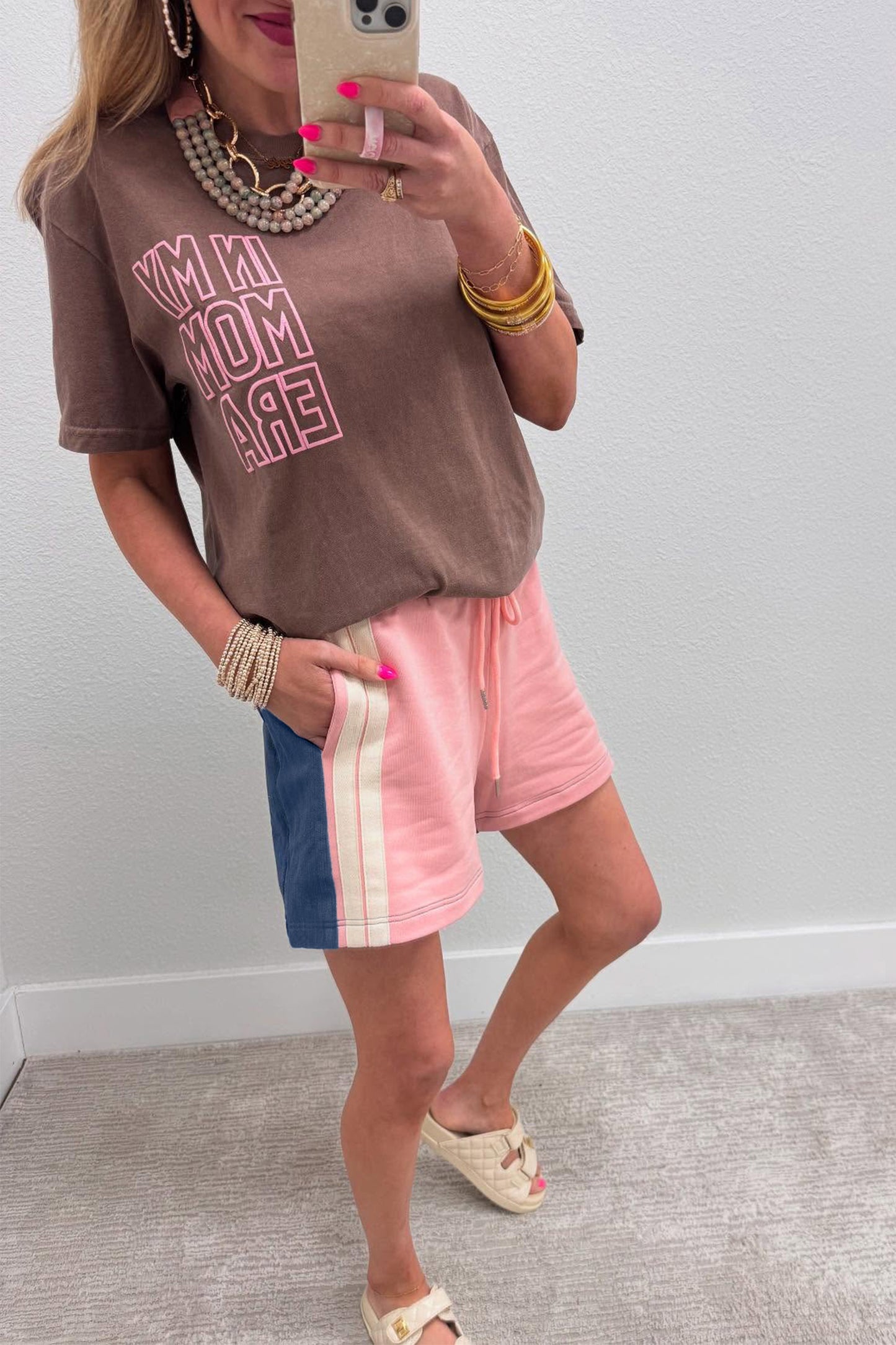 Pink Color Block Patchwork Varsity Striped Detail Drawstring Elastic Waist Shorts-Bottoms/Casual Shorts-[Adult]-[Female]-2022 Online Blue Zone Planet