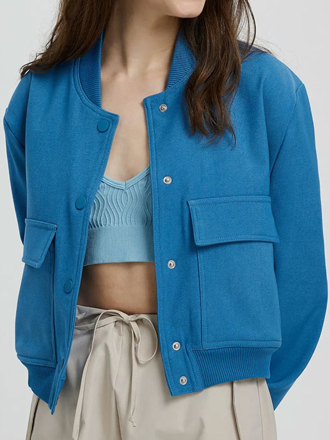 Pocketed Snap Down Baseball Collar Jacket-TOPS / DRESSES-[Adult]-[Female]-Sky Blue-S-2022 Online Blue Zone Planet