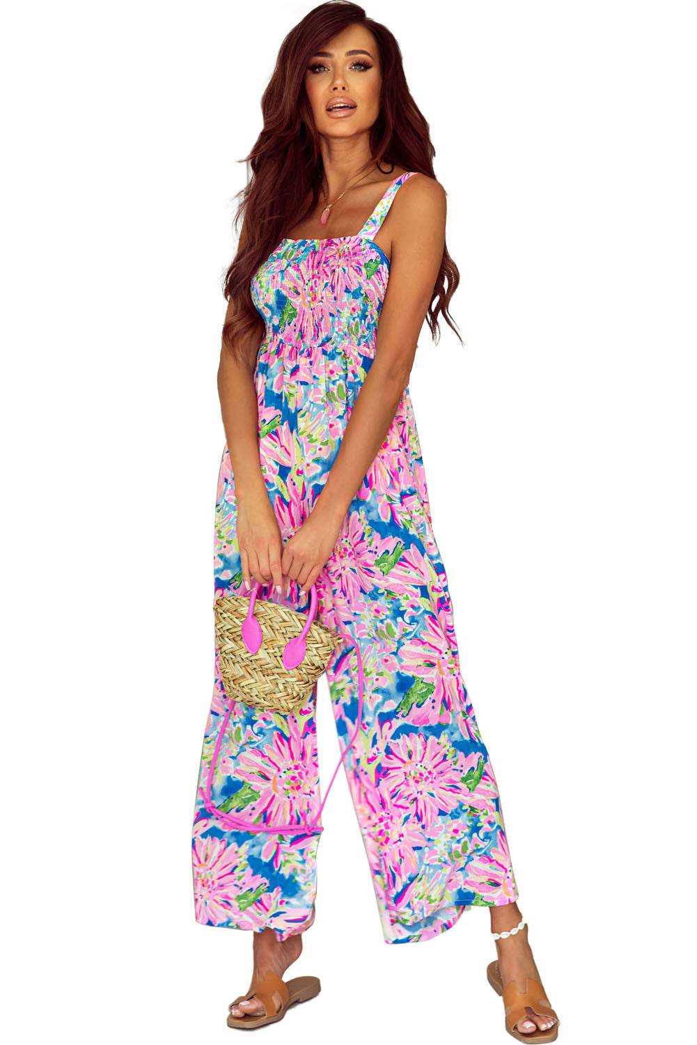 Pink Abstract Floral Painting Smocked Wide Leg Jumpsuit Blue Zone Planet