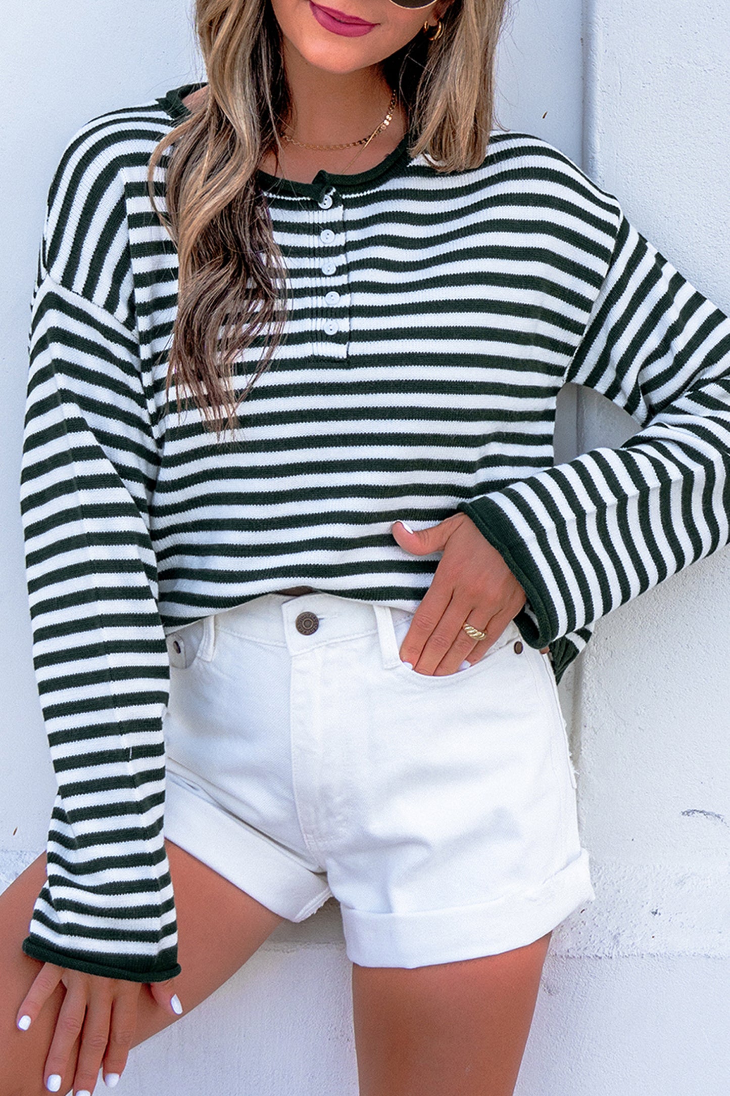 Green Stripe Striped Button Placket Drop Shoulder Long Sleeve Sweater-Sweaters & Cardigans/Sweaters-[Adult]-[Female]-2022 Online Blue Zone Planet