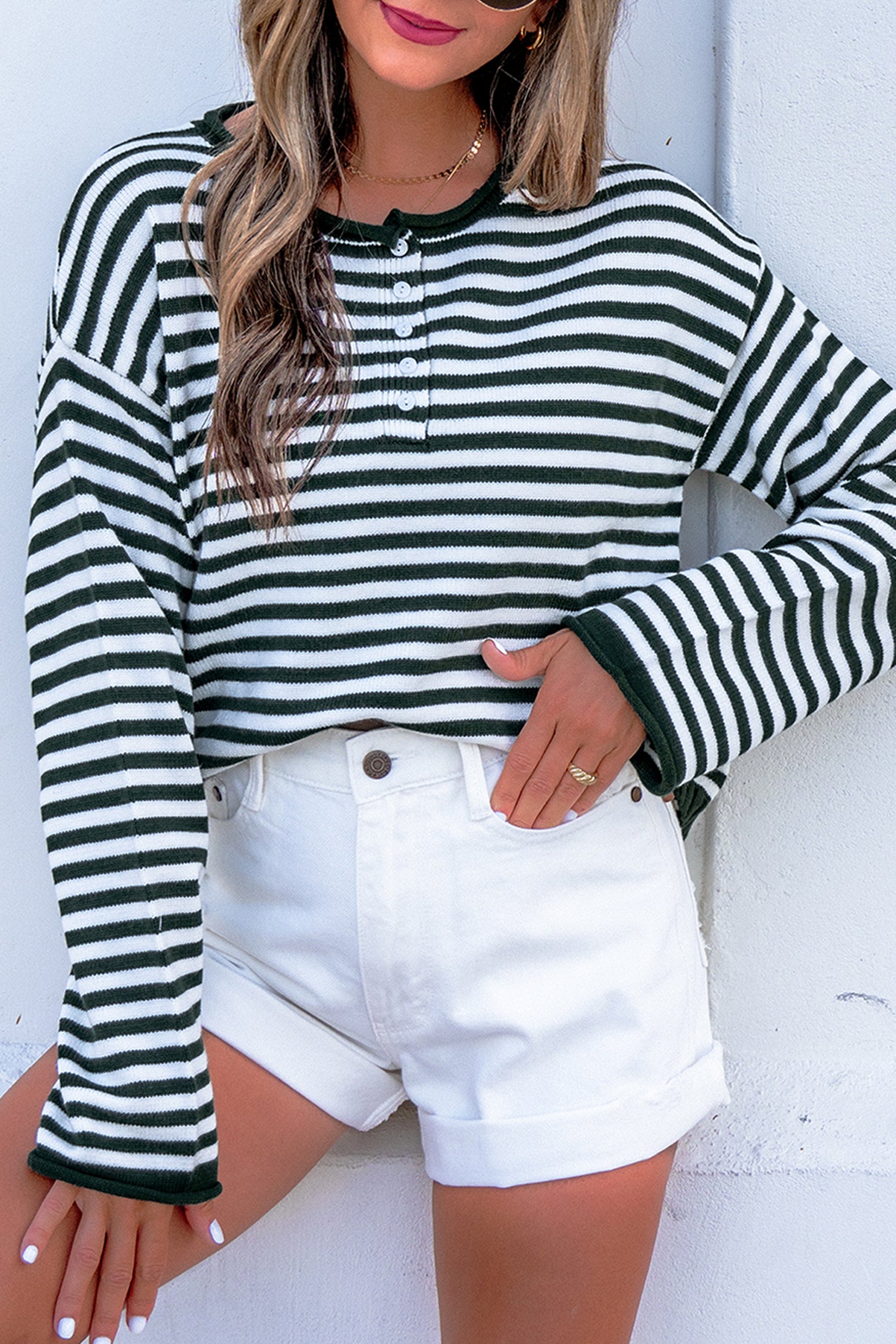 Green Stripe Striped Button Placket Drop Shoulder Long Sleeve Sweater-Sweaters & Cardigans/Sweaters-[Adult]-[Female]-2022 Online Blue Zone Planet