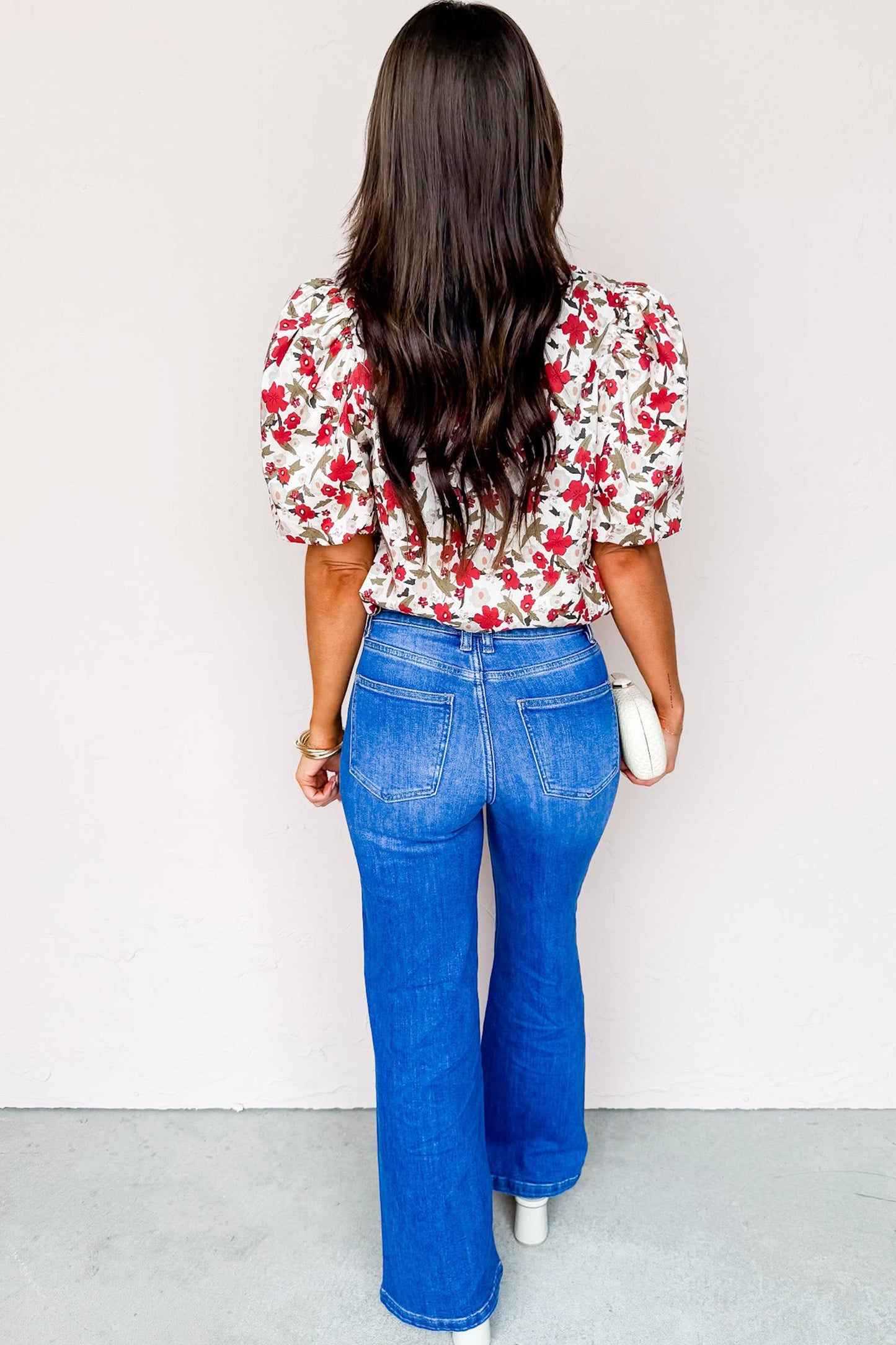 Red Floral Print Short Puff Sleeve Button Front Shirt-Tops/Blouses & Shirts-[Adult]-[Female]-2022 Online Blue Zone Planet
