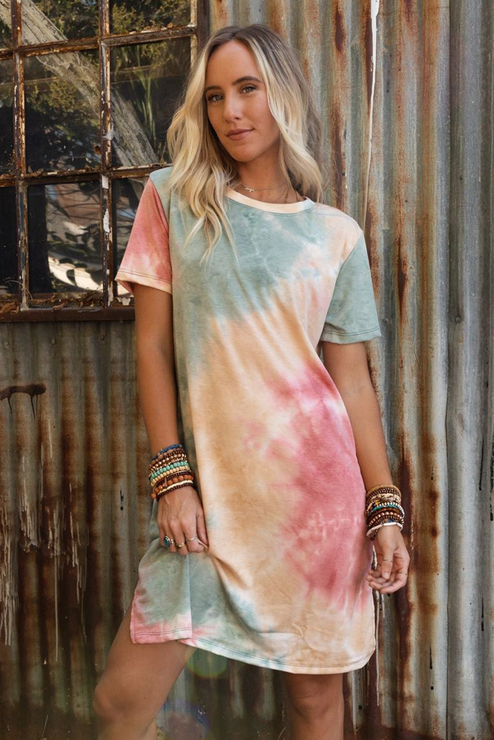 Multicolor Tie Dye Oversized Slit Tee Dress Blue Zone Planet