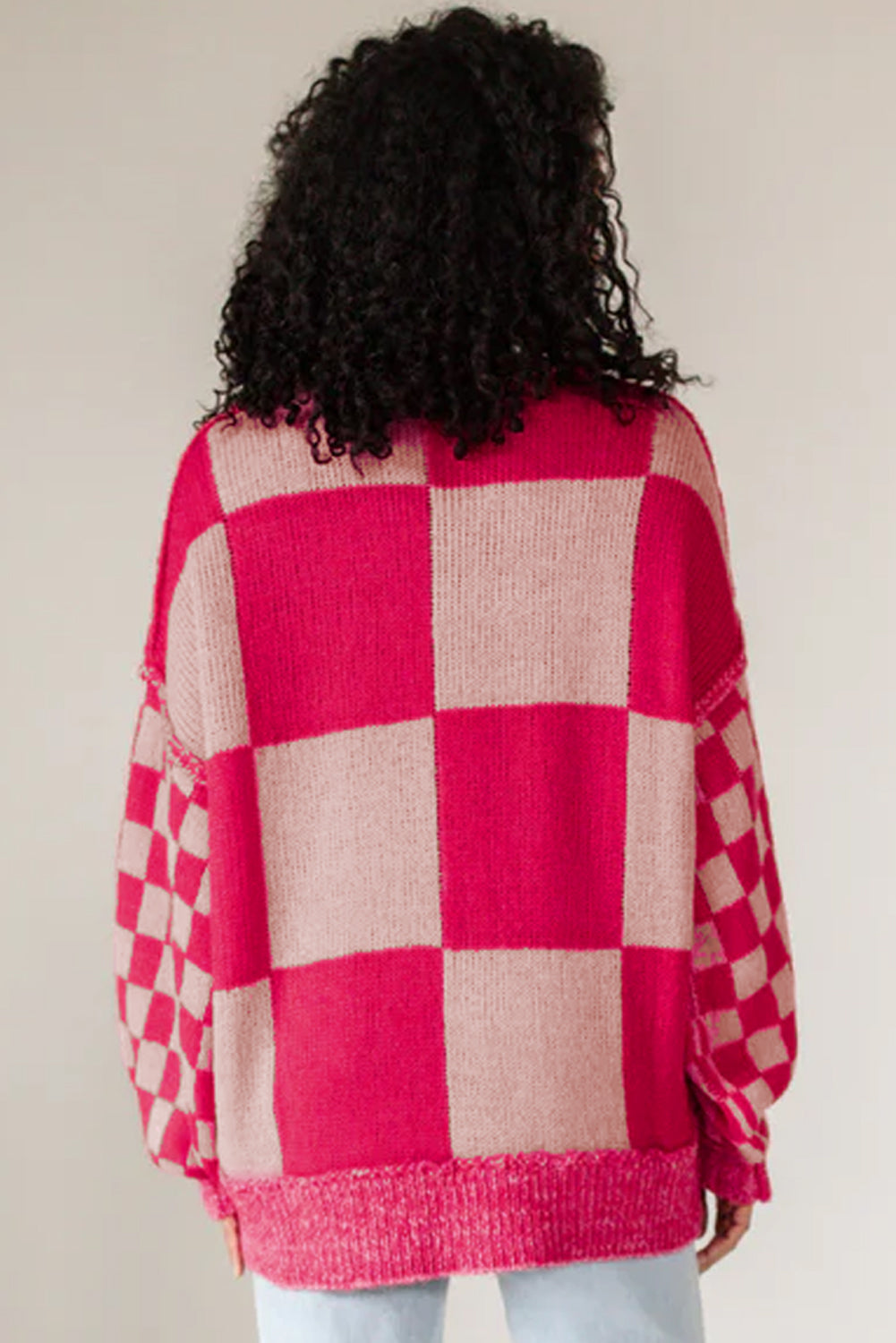 Rose Red Mixed Checkered Pattern Drop Shoulder Loose Sweater-Sweaters & Cardigans/Sweaters-[Adult]-[Female]-2022 Online Blue Zone Planet