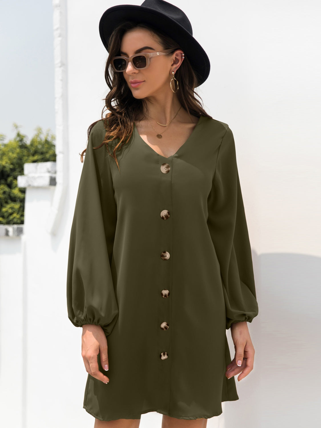 V-Neck Long Sleeve Mini Dress-TOPS / DRESSES-[Adult]-[Female]-Army Green-S-2022 Online Blue Zone Planet