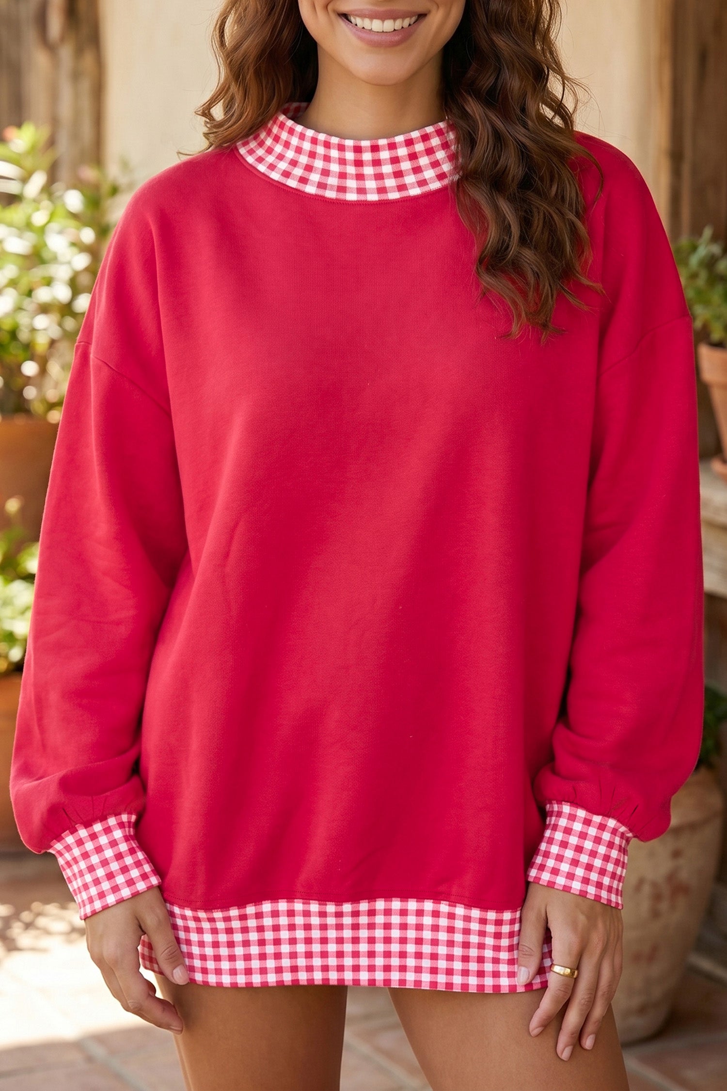 Fiery Red Colorblock Polka Dot Contrast Trim Oversized Sweatshirt-Tops/Sweatshirts & Hoodies-[Adult]-[Female]-2022 Online Blue Zone Planet