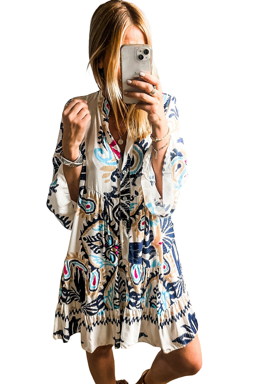 Blue Zone Planet | White Printed Tribal Print Bracelet Sleeve Buttoned Mini Dress-Bracelet-[Adult]-[Female]-2022 Online Blue Zone Planet