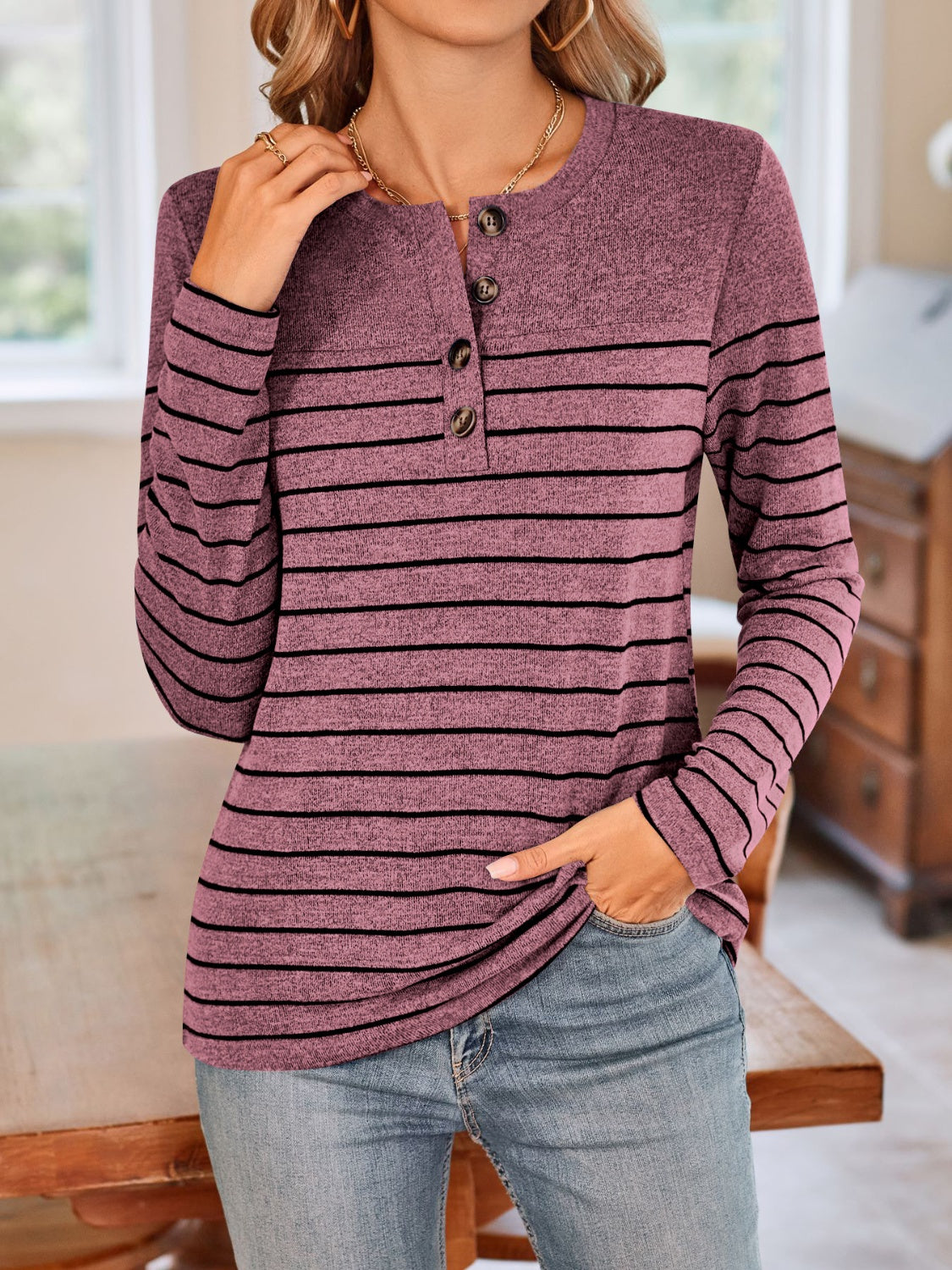 Blue Zone Planet | Lovelet Quarter Button Striped Round Neck Long Sleeve T-Shirt-TOPS / DRESSES-[Adult]-[Female]-Moonlit Mauve-S-2022 Online Blue Zone Planet