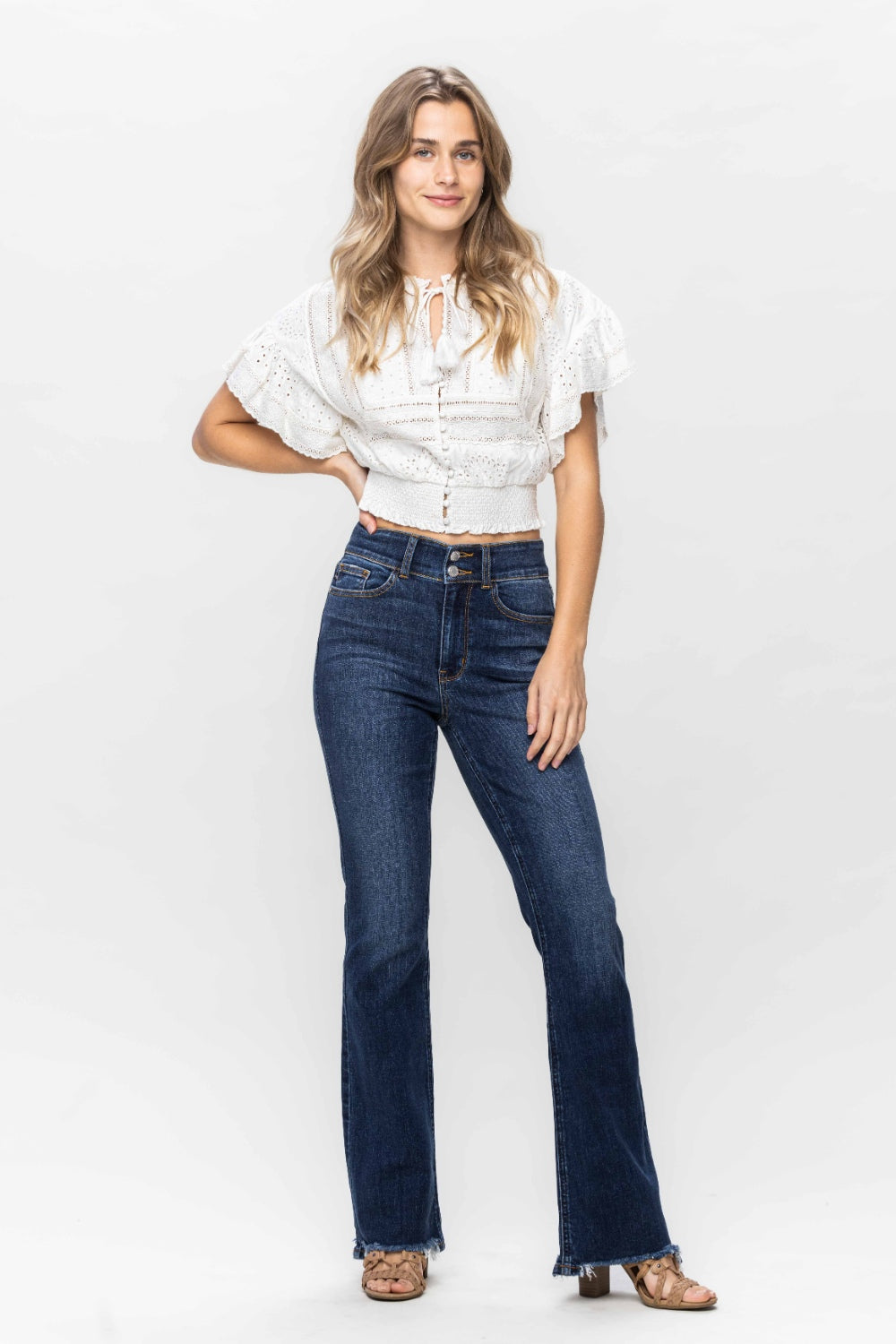 Judy Blue Full Size Frayed Hem Bootcut Jeans-BOTTOMS SIZES SMALL MEDIUM LARGE-[Adult]-[Female]-2022 Online Blue Zone Planet