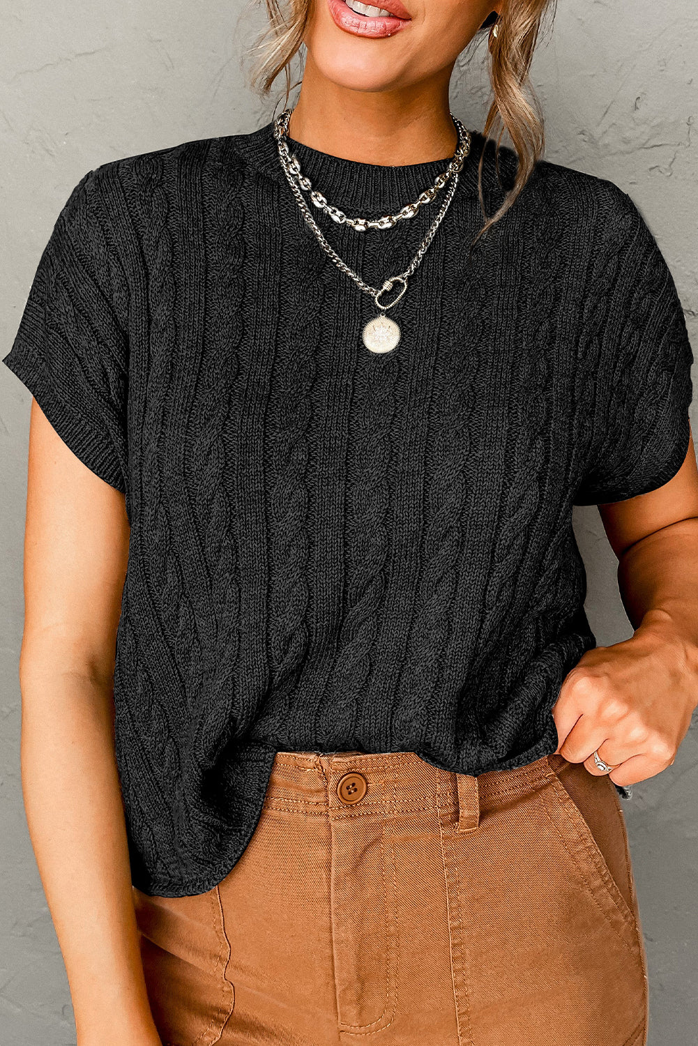 Gray Crew Neck Cable Knit Short Sleeve Sweater-TOPS / DRESSES-[Adult]-[Female]-Black-S-2022 Online Blue Zone Planet