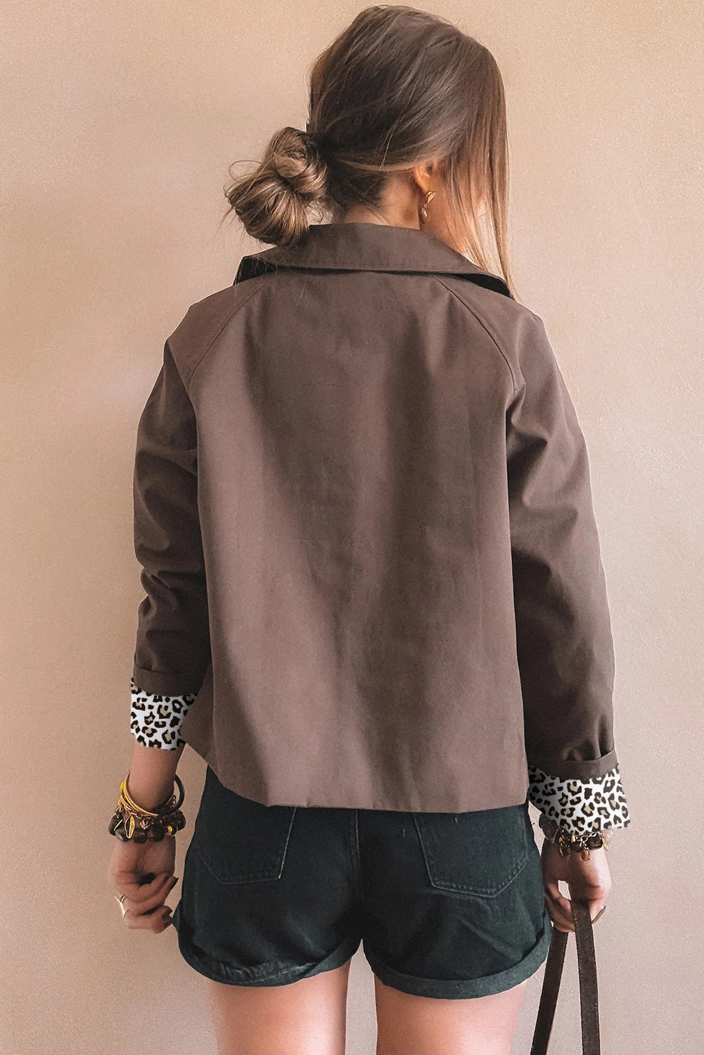 Dark Brown Collared Buttoned Leopard Liner Patchwork Chic Jacket-Outerwear/Jackets-[Adult]-[Female]-2022 Online Blue Zone Planet