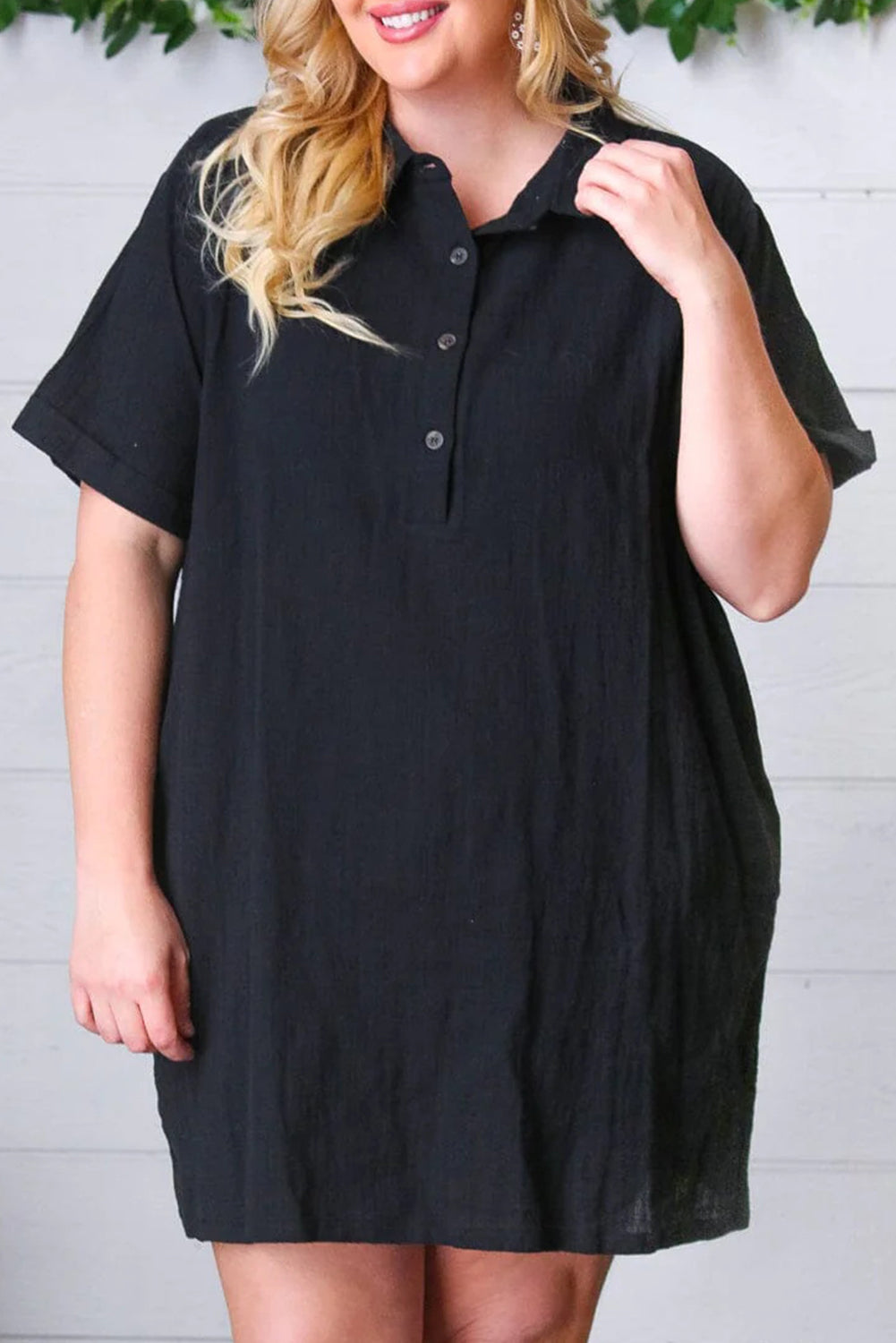 Black Plus Size Shirt Collar Buttoned Short Sleeve Shift Dress-TOPS / DRESSES-[Adult]-[Female]-2022 Online Blue Zone Planet