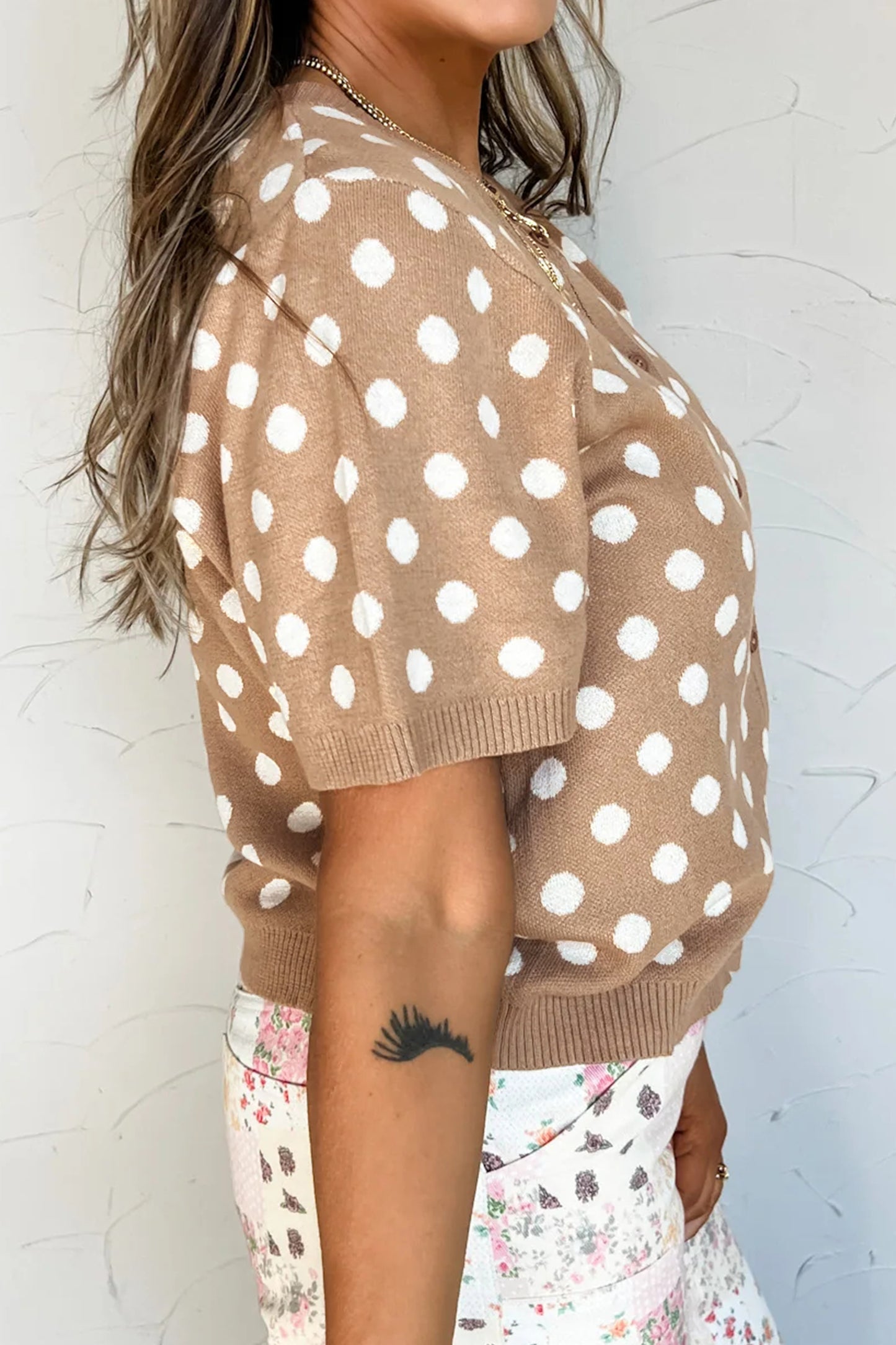 Dark Khaki Polka Dot Short Sleeve Button Down Sweater Cardigan-Sweaters & Cardigans/Cardigans-[Adult]-[Female]-2022 Online Blue Zone Planet