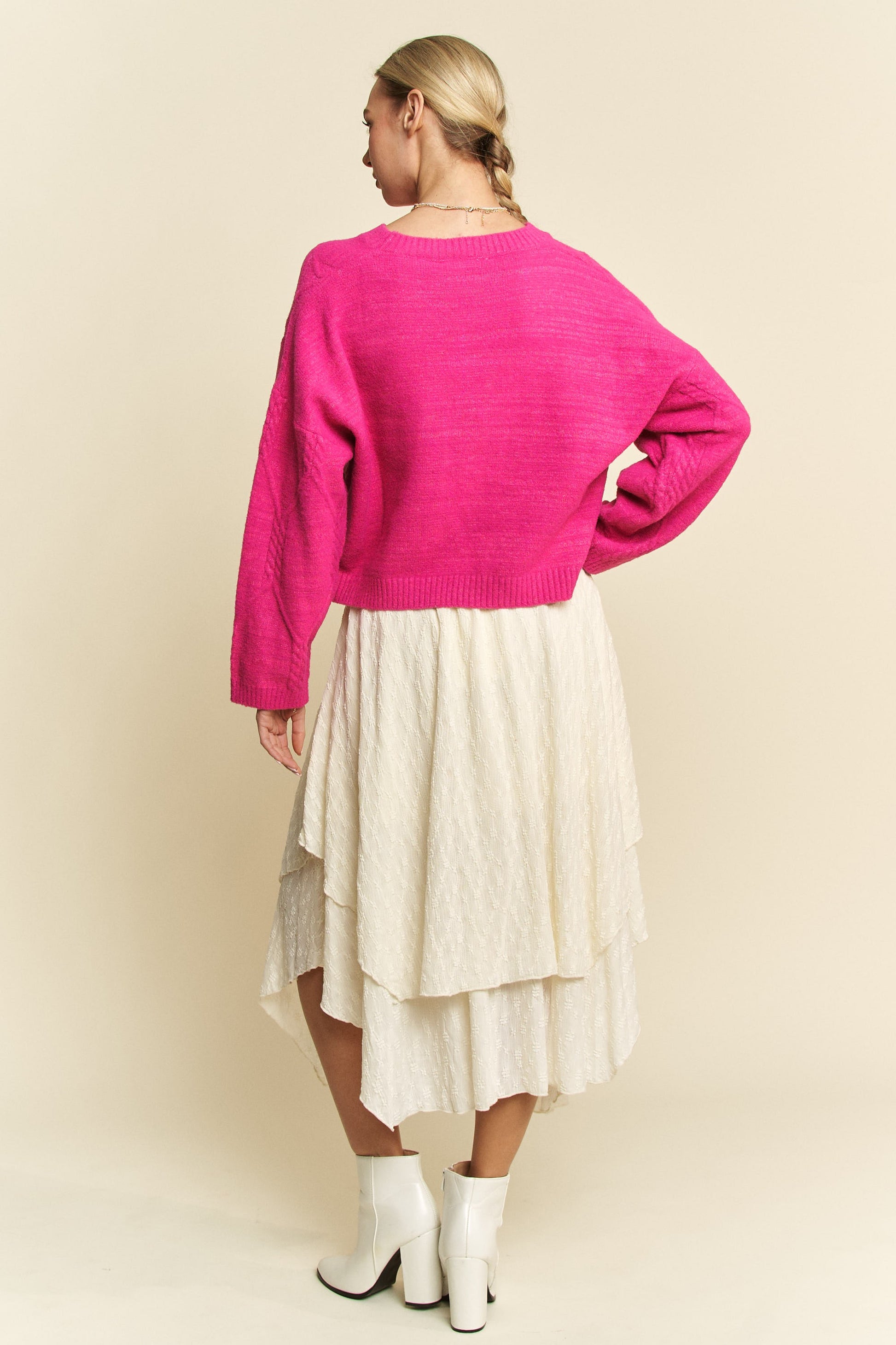 Davi & Dani Diamond Cable Pattern Drop Shoulder Sweater-TOPS / DRESSES-[Adult]-[Female]-2022 Online Blue Zone Planet