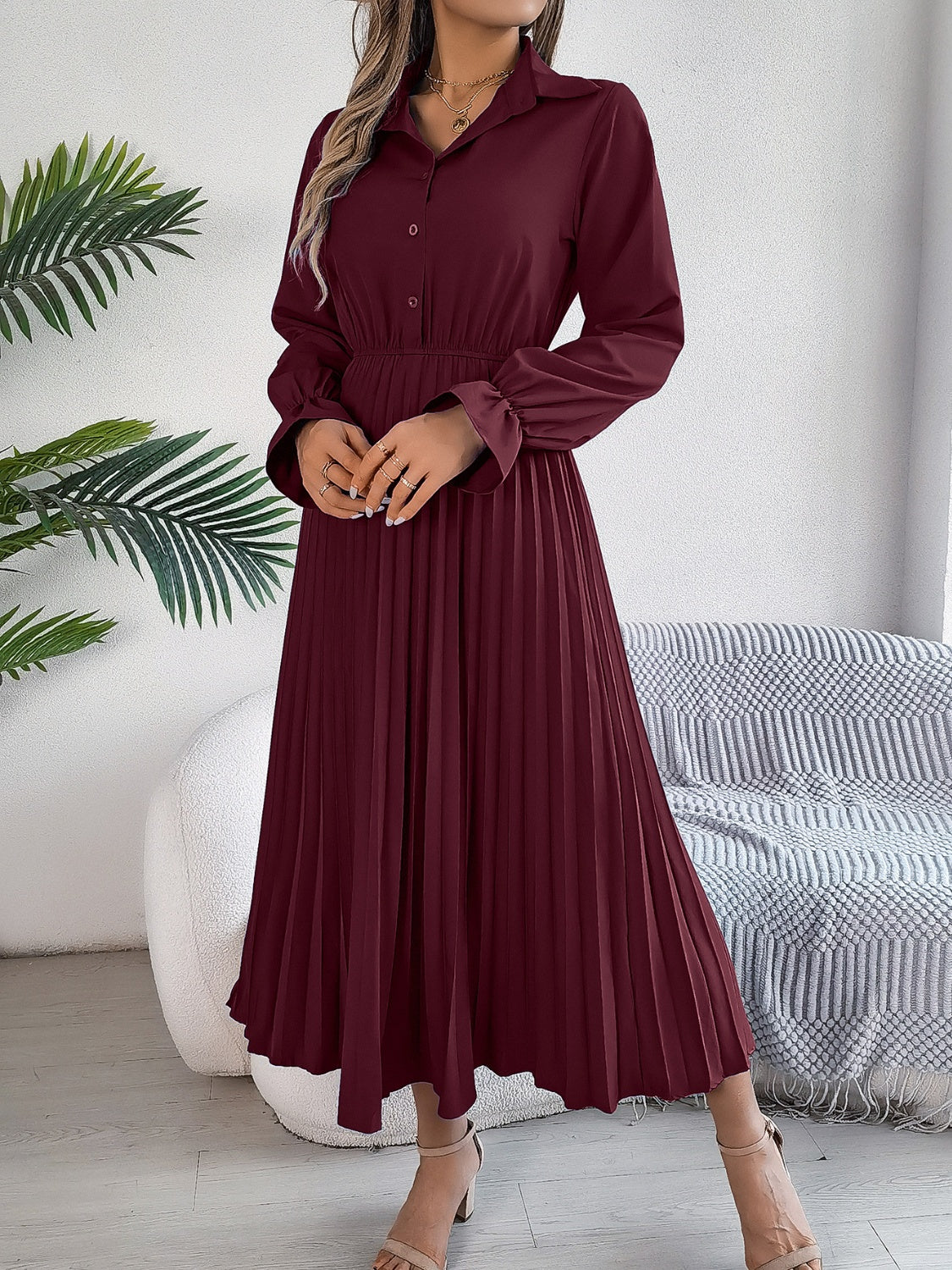 Blue Zone Planet | Pleated Half Button Long Sleeve Midi Dress-TOPS / DRESSES-[Adult]-[Female]-2022 Online Blue Zone Planet